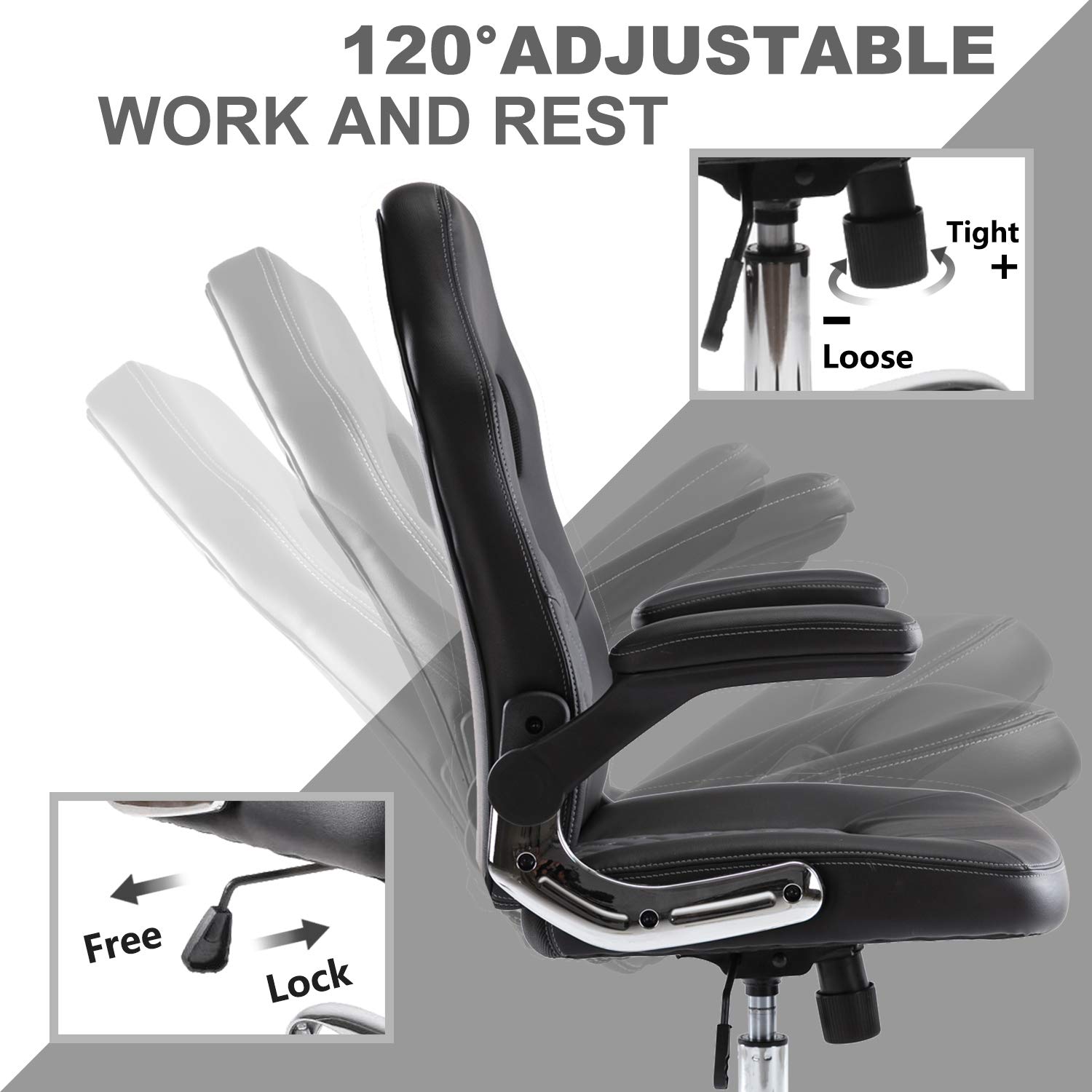Ergonomic Office Gaming Chair - High Back PU Leather Swivel Computer Chair with Flip-Up Armrests for Home & Office Use - Comfortable Desk Chair for Work, Gaming & Long Hours (Grey)
