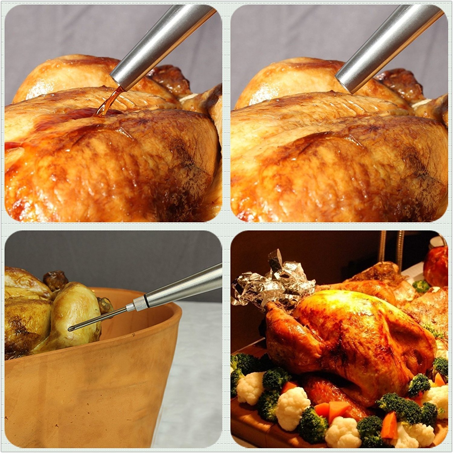 Premium Stainless Steel Turkey Baster with Silicone Basting Brush Set - Manual Pump with Needle & Cleaning Brush for Juicy Roasts, Thanksgiving Turkey, and Holiday Cooking
