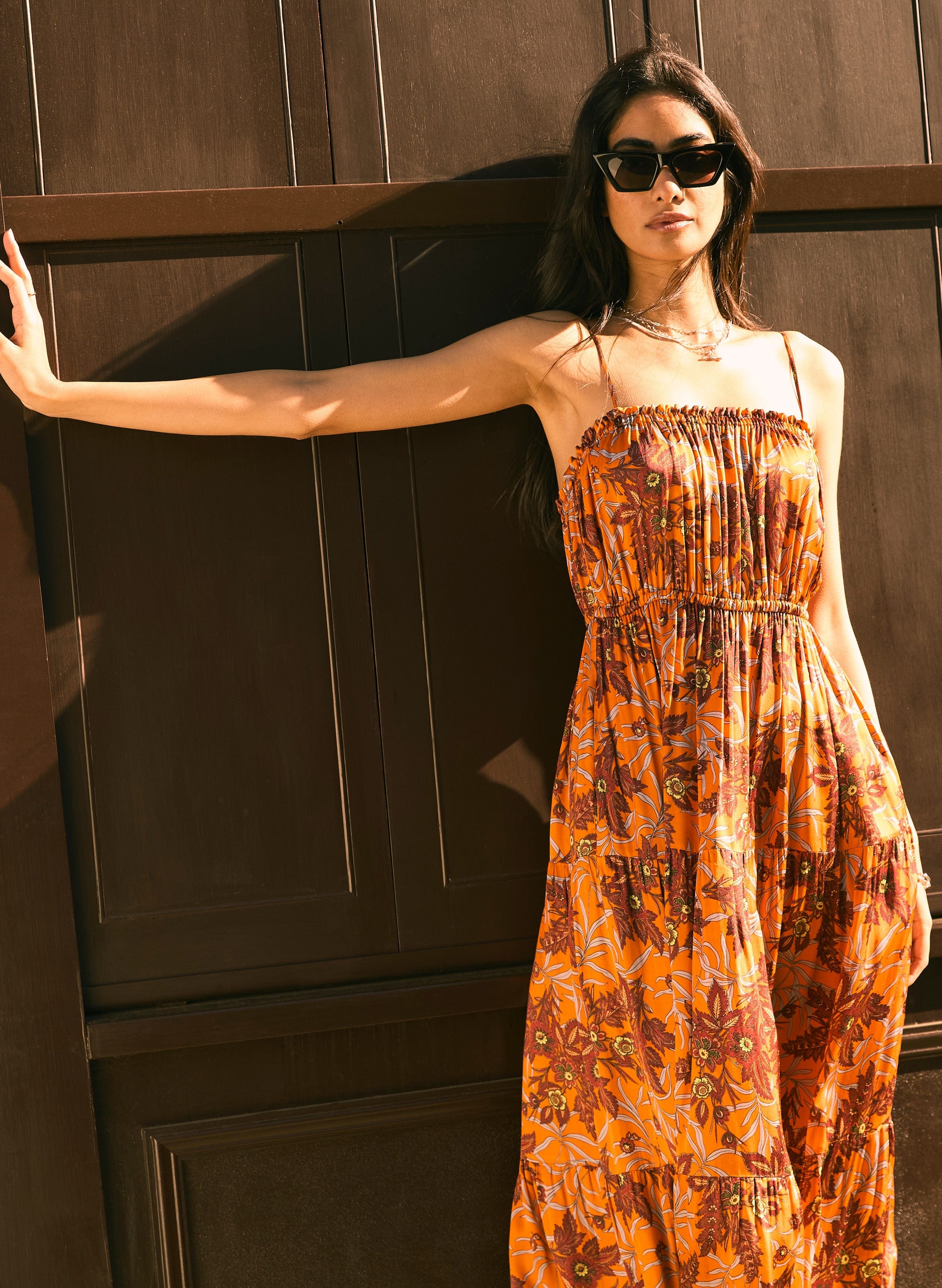 Anais Viscose Floral Dress - Tangerine Floral Print Summer Dress | Women's Flowy Midi Dress for Beach, Vacation & Casual Wear