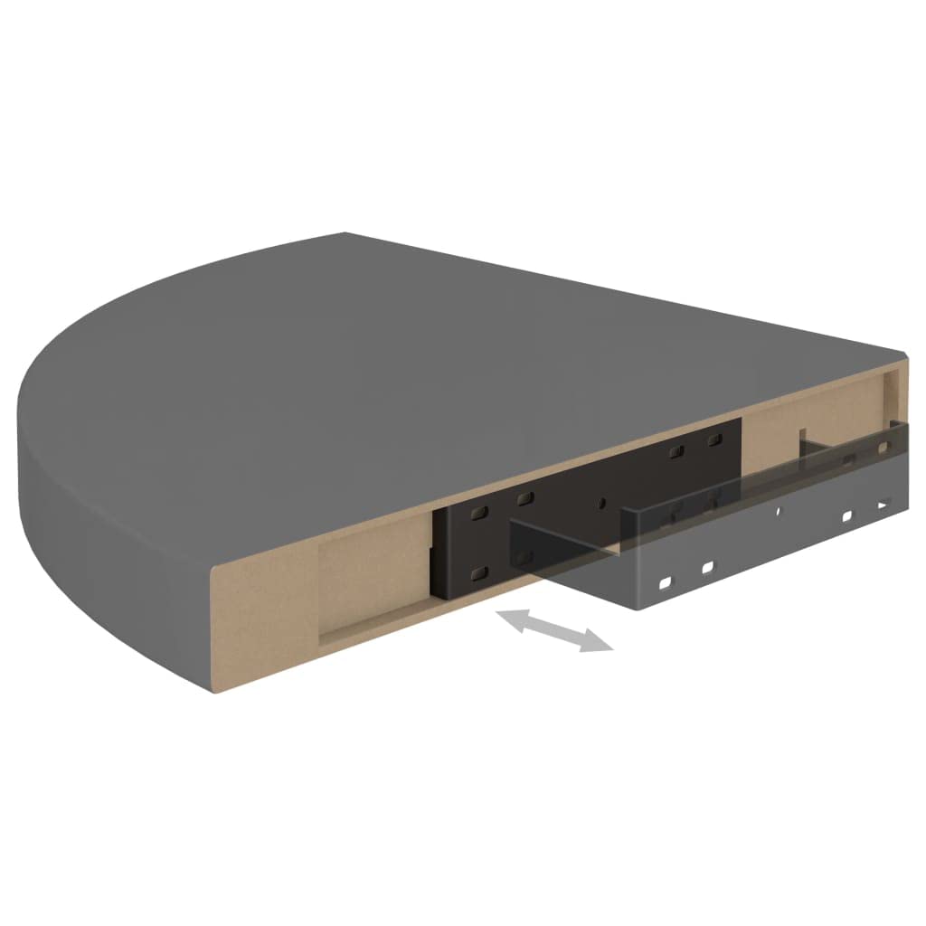Floating Corner Shelves Set of 2 - High Gloss Grey MDF Wall Shelves 35x35x3.8 cm - Perfect for Bathroom, Kitchen, Living Room Storage & Decoration