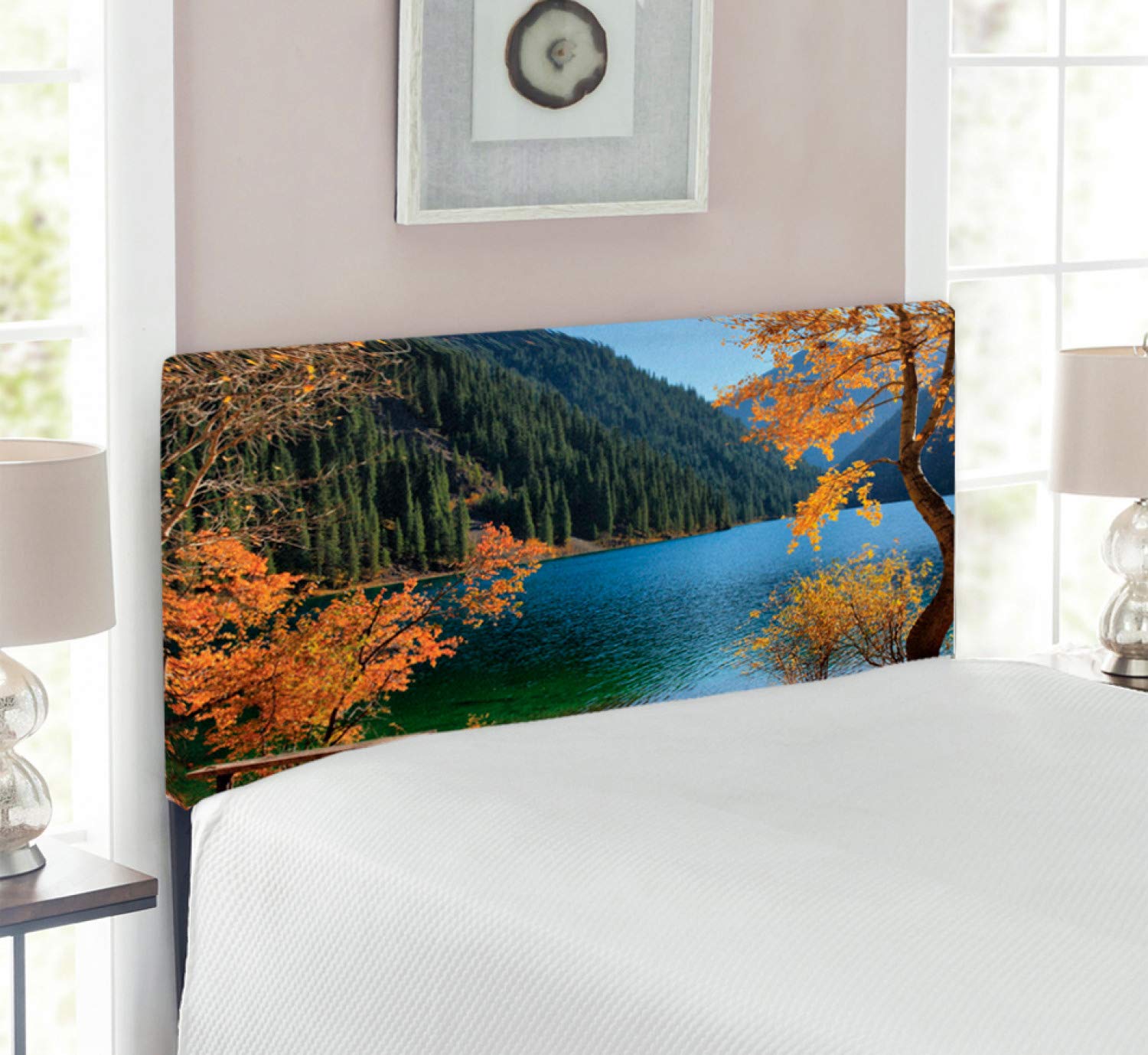Ambesonne Upholstered Tree Headboard - Autumn Lake & Mountain Nature Theme, Twin Size, Orange & Green Memory Foam Decorative Metal Bed Headboard for Cozy Bedroom Decor | Perfect for Fall Season, Wilderness Cabins & Nature-Themed Bedrooms
