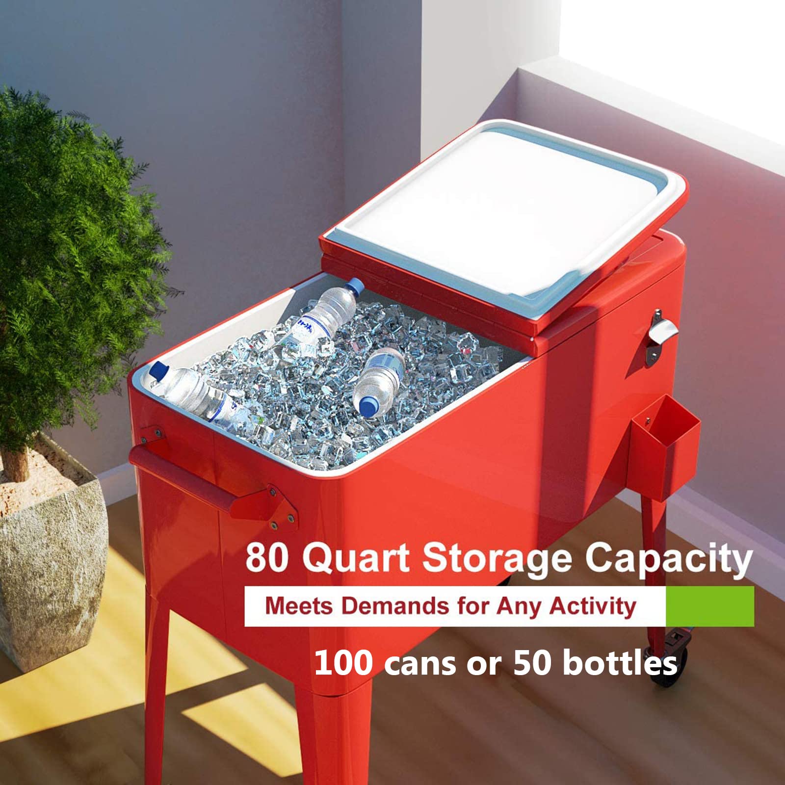 Giantex 80 Quart Rolling Cooler Cart with Wheels - Steel Outdoor Patio Cooler with Locking Wheels, Bottle Opener & Drain Plug - Portable Ice Chest for Party, BBQ, Camping, Beach & Tailgating (Red)