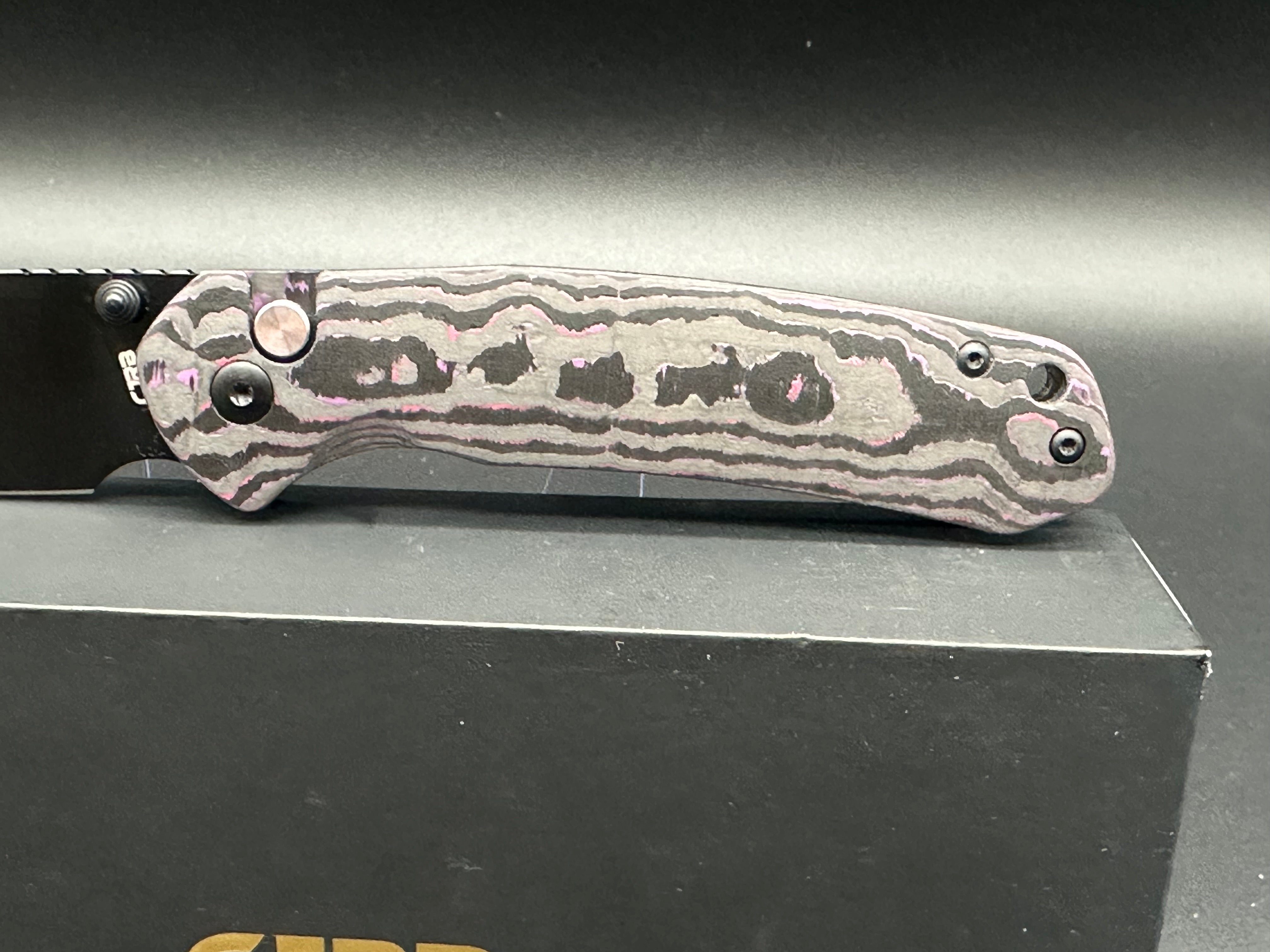CJRB Pyrite Titanium Button Lock Knife - Exclusive BHQ Purple Haze Fat Carbon Handle (3.1
