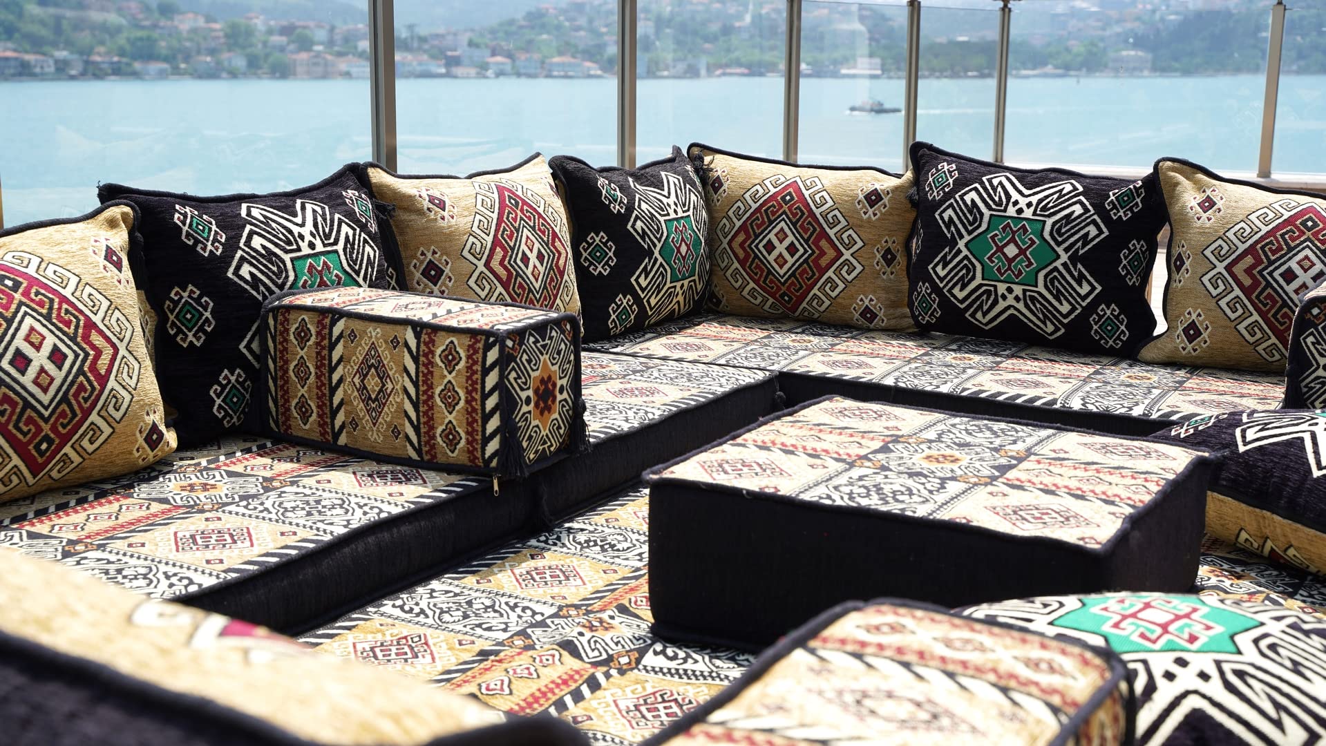 Premium U-Shaped Arabic Majlis Sofa Set with Floor Pillows & Cushions - Traditional Oriental Jalsa Seating for Living Room, Lounge & Cultural Gatherings