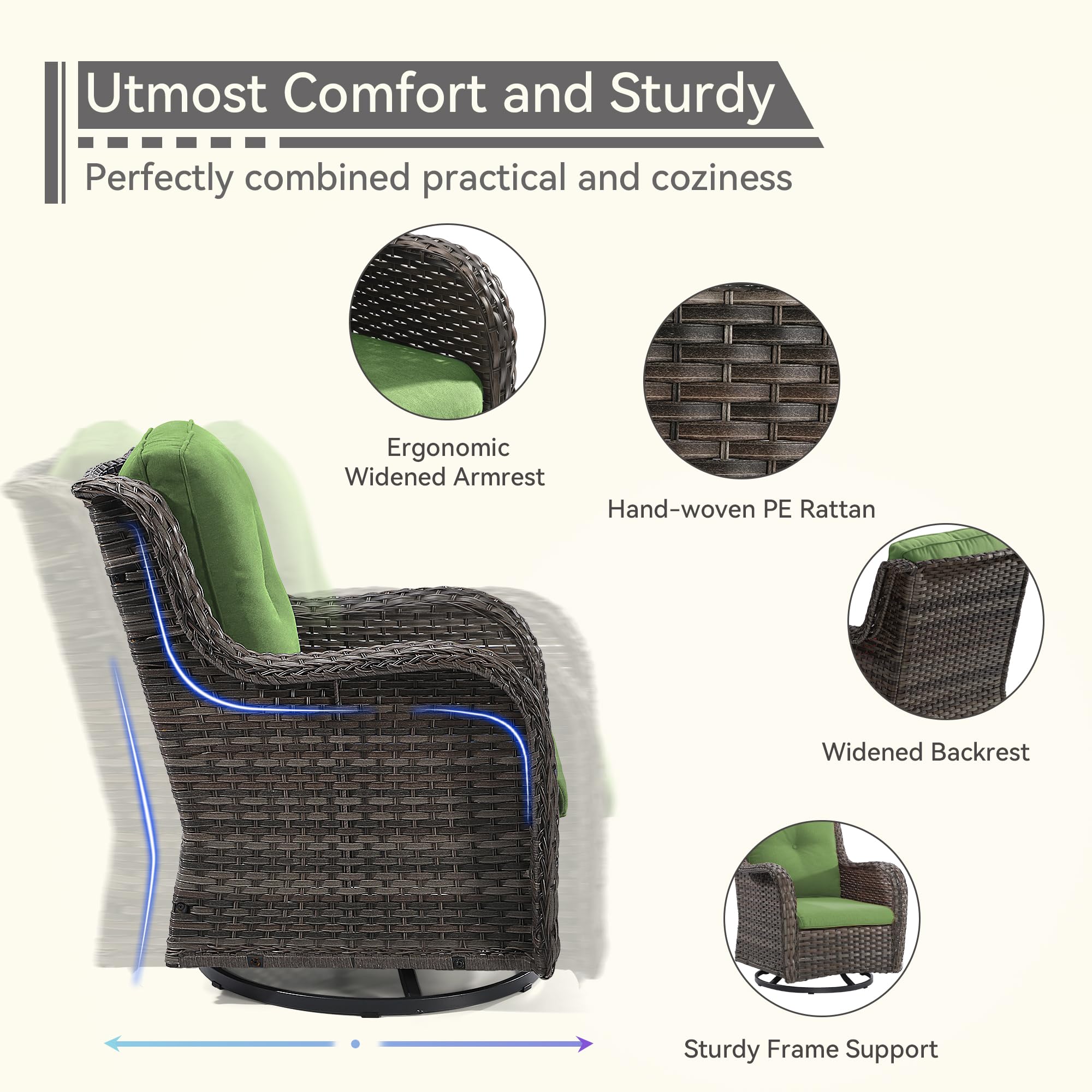 Outdoor Swivel Rocker Patio Chair - Weather-Resistant Wicker Patio Chair with Olefin Fabric Cushions, 360-Degree Rotation, Perfect for Backyard, Deck, Porch, Garden & Poolside Relaxation - Green