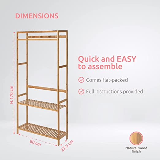 Bamboo Nara Multi-Functional Clothes Rack - Space Saving Wardrobe Organizer for Bedroom, Closet & Laundry Room - Perfect for Hanging Clothes, Towels & Accessories