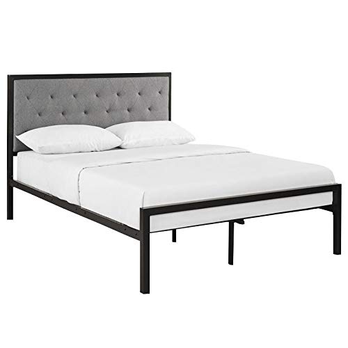 Hawthorne Collections Upholstered Full Size Platform Bed with Steel Metal Frame & Padded Headboard - Brown Gray Fabric for Modern Bedroom, Guest Room & Dorm