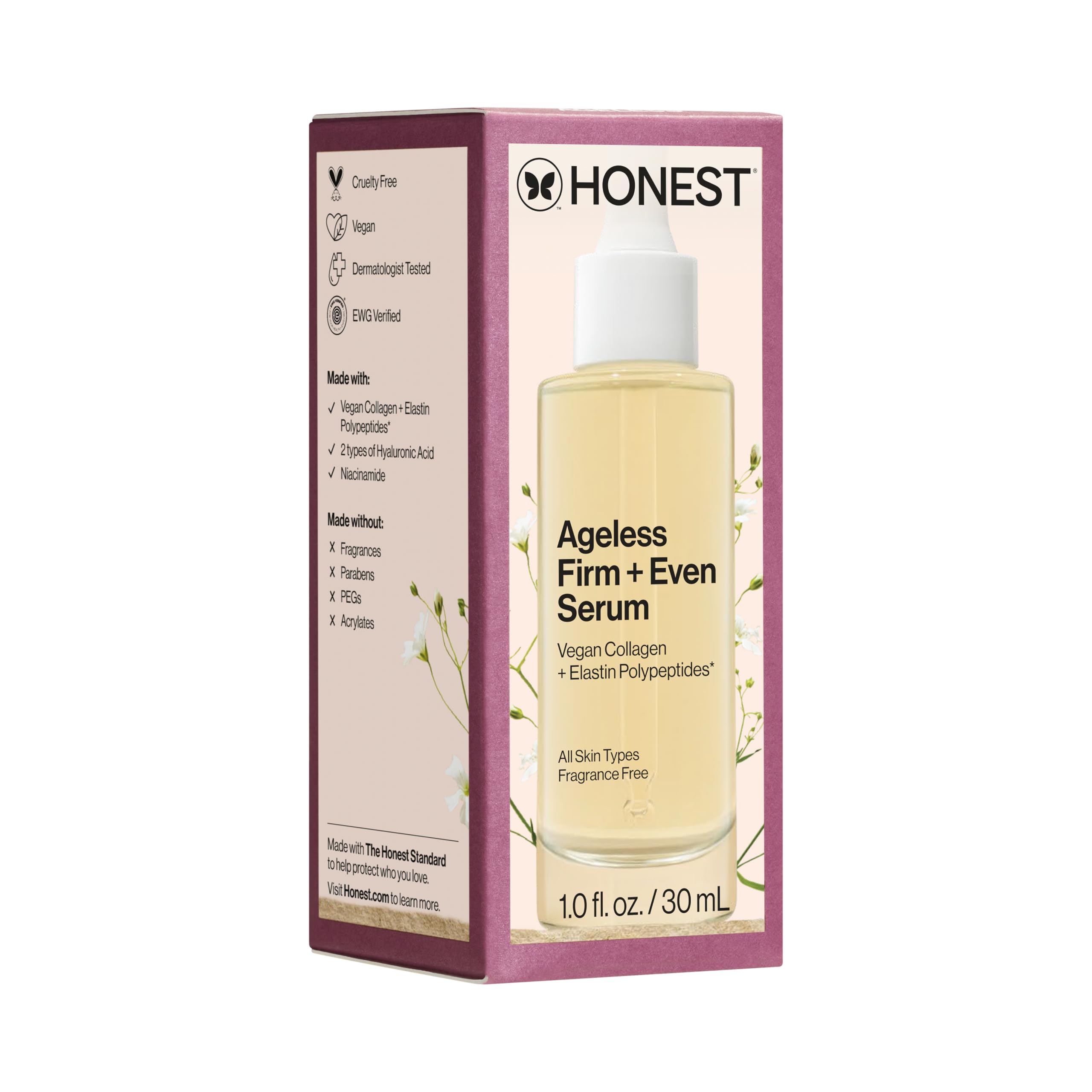 Honest Beauty Ageless Firm & Even Serum with Vegan Collagen & Elastin Polypeptides - Firming & Brightening Face Serum for Youthful Skin - Fragrance Free, EWG Verified, Vegan, Cruelty-Free (1 fl oz) - Perfect for Daily Skincare Routine & Anti-Aging Treatment