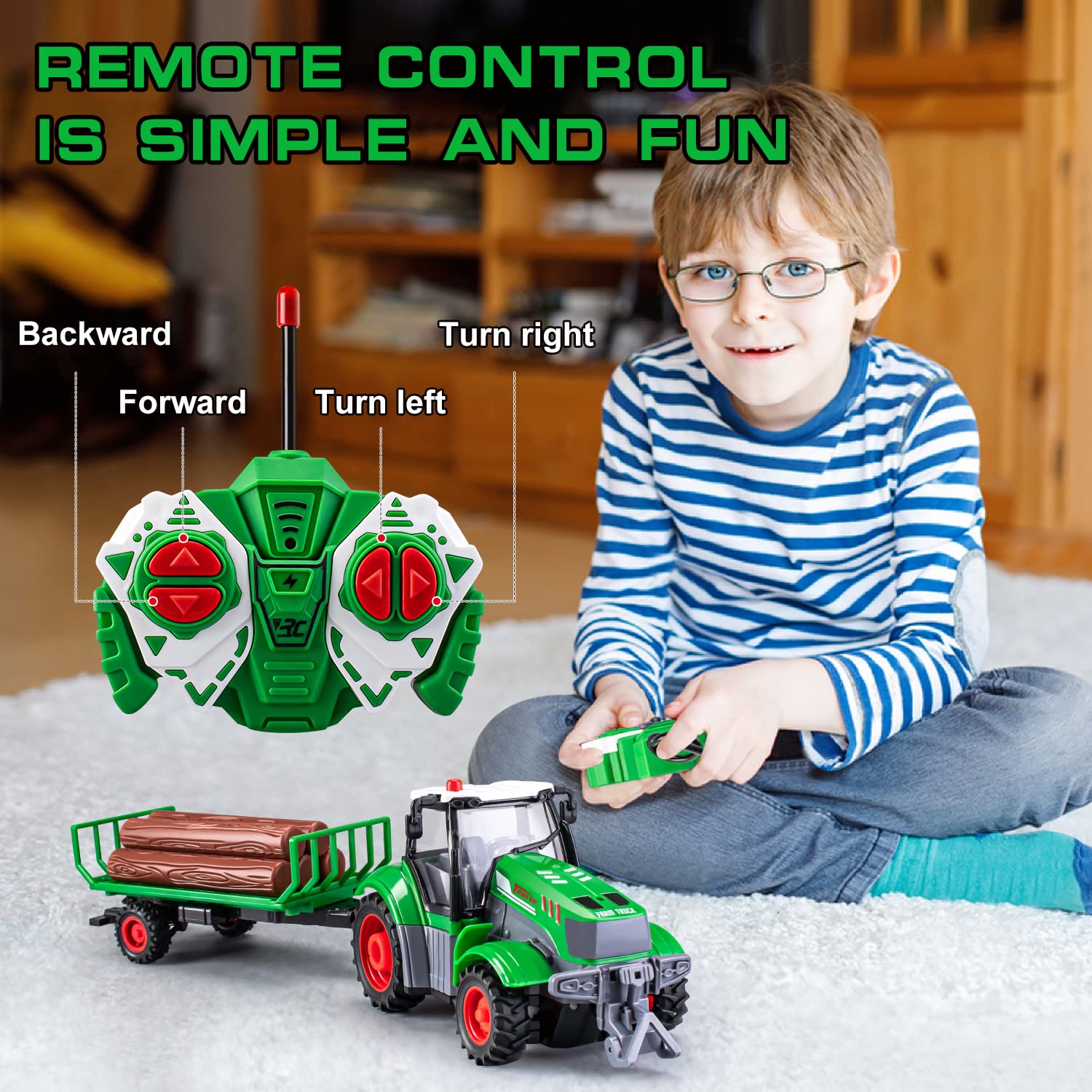 1/24 Scale Remote Control Tractor Toy with Log Trailer - Best Gift for 4-7 Year Old Boys | Kids Farm Vehicle Toy for Indoor & Outdoor Play | Birthday & Christmas Present for Toddlers