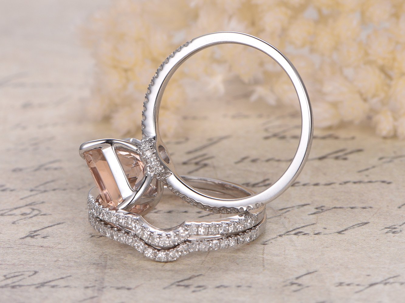 8mm Princess Cut Morganite Ring Set - 14K White Gold for Weddings & Proposals