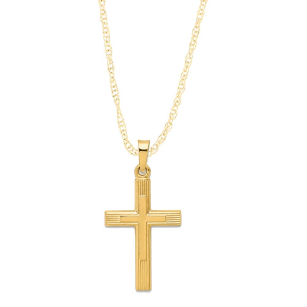 14K Yellow Gold & White Gold Engine Turn Cross Pendant Necklace - Religious Jewelry for Women & Men - Perfect for Gifts, Baptism, Weddings & Daily Wear