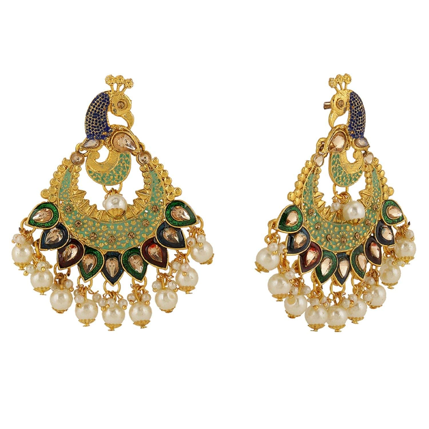 Exquisite Indian Chandbali Peacock Earrings for Women – Crystal Rhinestone & Faux Pearl Dangle Bridal Jewelry Set – Perfect for Weddings, Bollywood Parties, and Special Occasions
