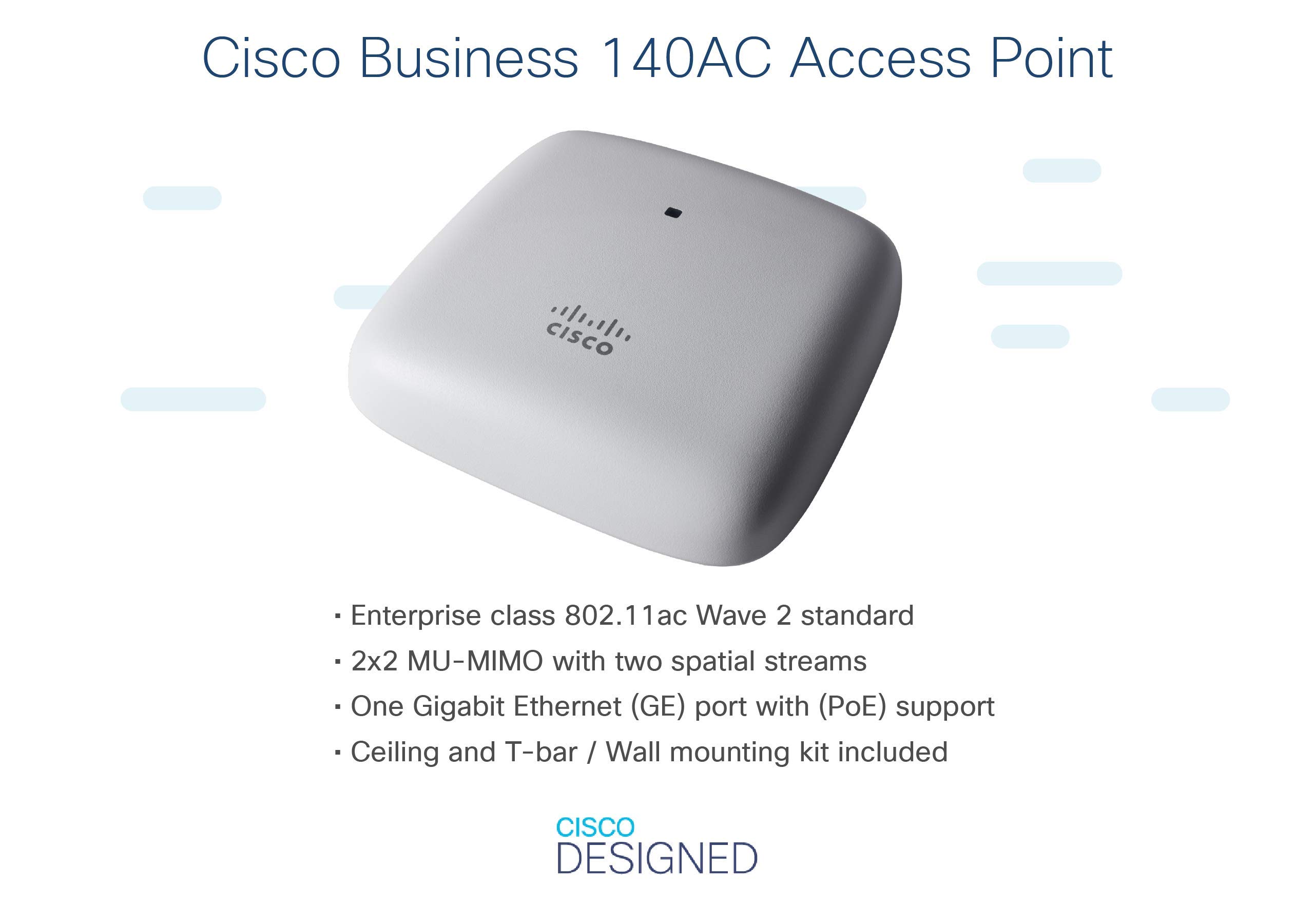 Cisco CBW140AC-E Business 140AC 802.11ac Wave 2 Wireless Access Point - 2x2 MIMO, 1GbE Port, Ceiling Mount, Limited Lifetime Warranty - Ideal for Office WiFi, Retail Stores & Enterprise Networks
