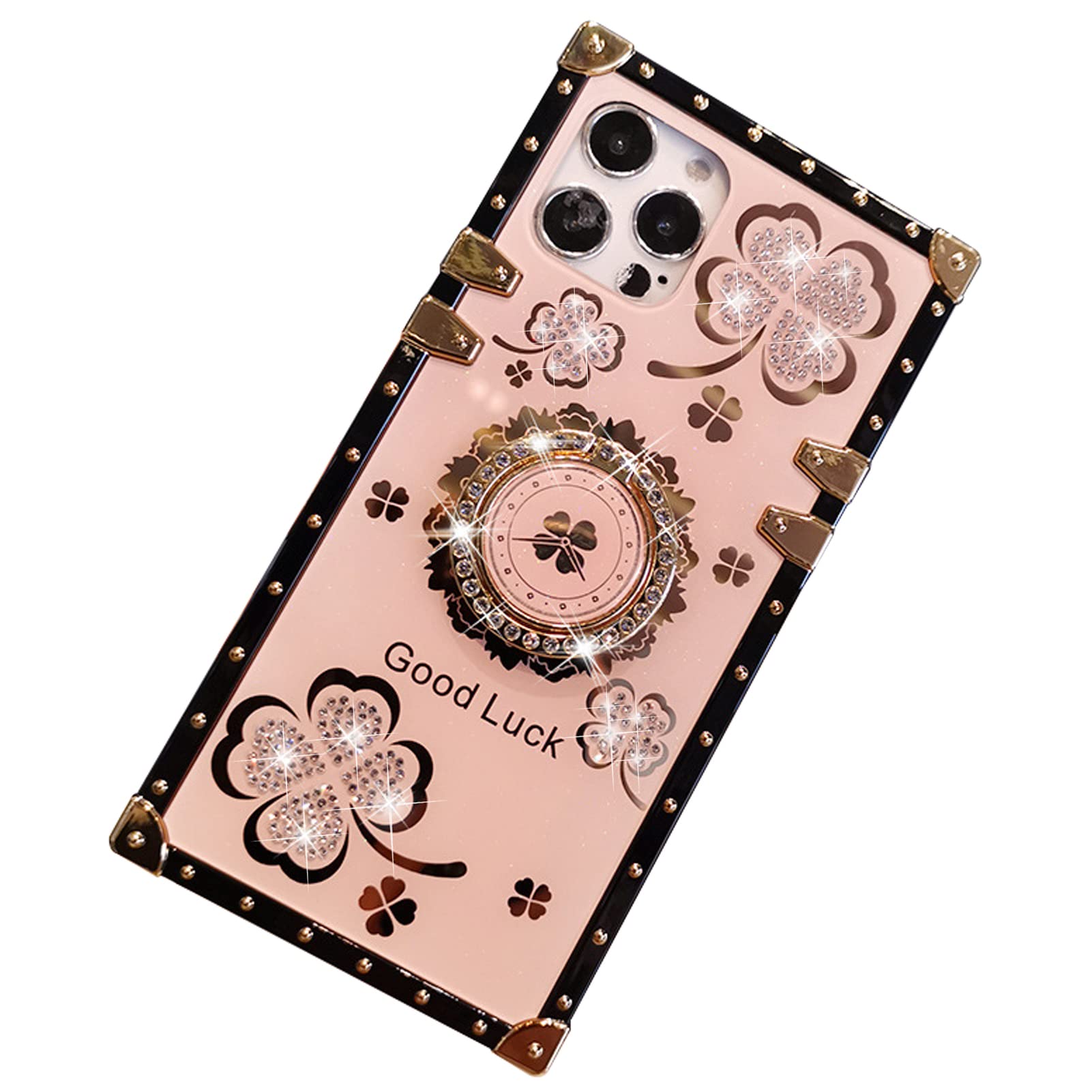 Yesunktt iPhone 14 Plus Case - Lucky Clover Rhinestone Bling Square Silicone Phone Cover with Diamond Ring Holder for Women & Girls (Rose Gold) | Perfect for Parties, Weddings & Everyday Glam Style
