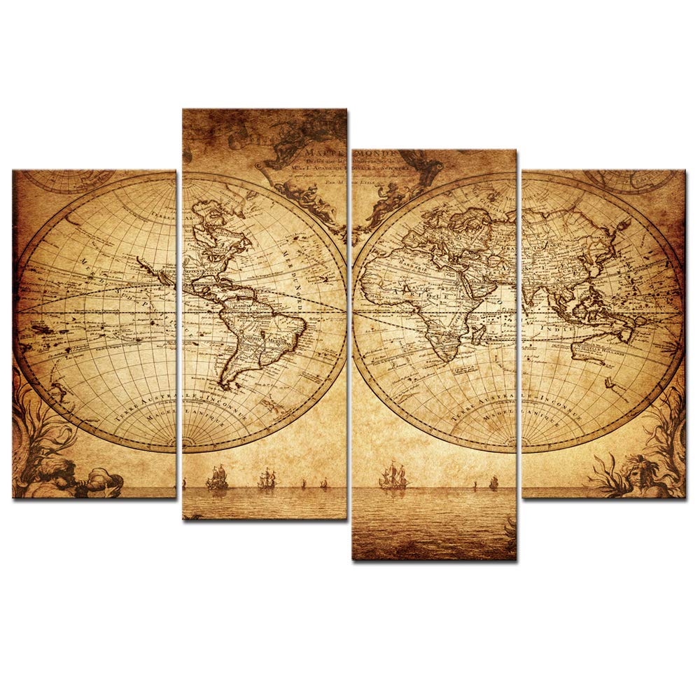 Vintage World Map Wall Art - Extra Large Framed Canvas Painting Set of 4 Pieces, Antique Retro World Map Decor for Home & Office - Perfect for Living Room, Study or Office Wall Decor