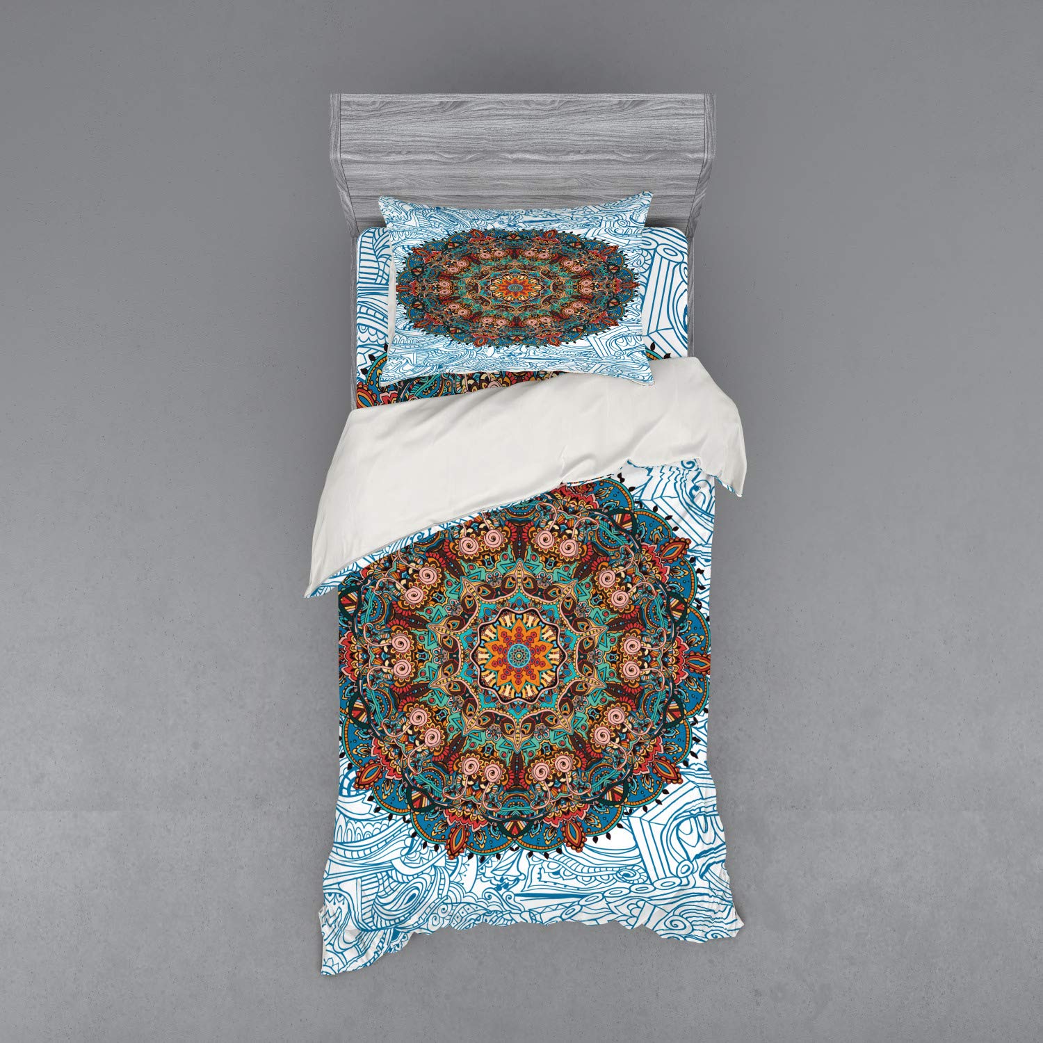 Ambesonne Mandala Duvet Cover Set - Blue & White Eastern Floral Round Ornament Design, 3-Piece Twin Size Bedding Set with Sham & Fitted Sheet | Boho Chic Bedroom Decor for Teens & Adults