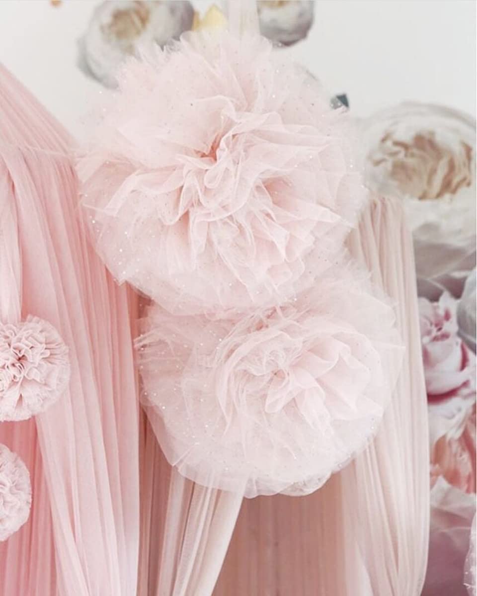 Pink Princess Canopy with Tulle Pom Poms - Set of 2 Fluffy Baby Girl Bed Canopies for Nursery, Bedroom Decor & Playroom Nook - Perfect for Princess Themed Rooms, Toddler Play Areas & Photoshoot Backdrops