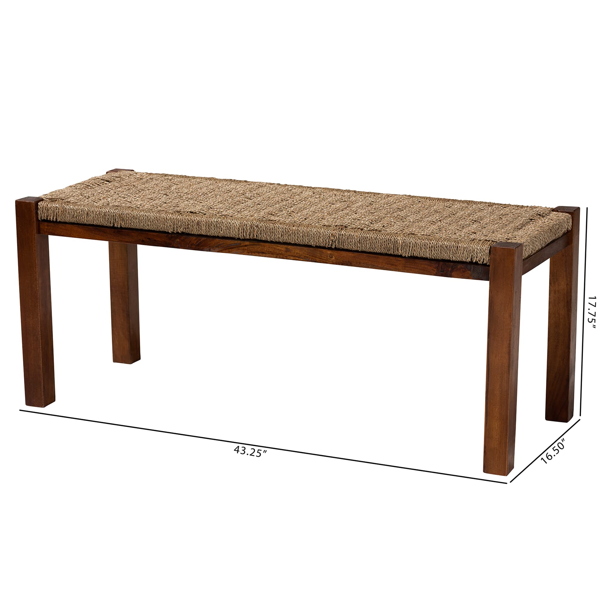 Bali & Pari Hermes Woven Seagrass Accent Bench - Natural Walnut Brown - Handwoven Rattan Stool for Living Room, Bedroom, or Patio Decor