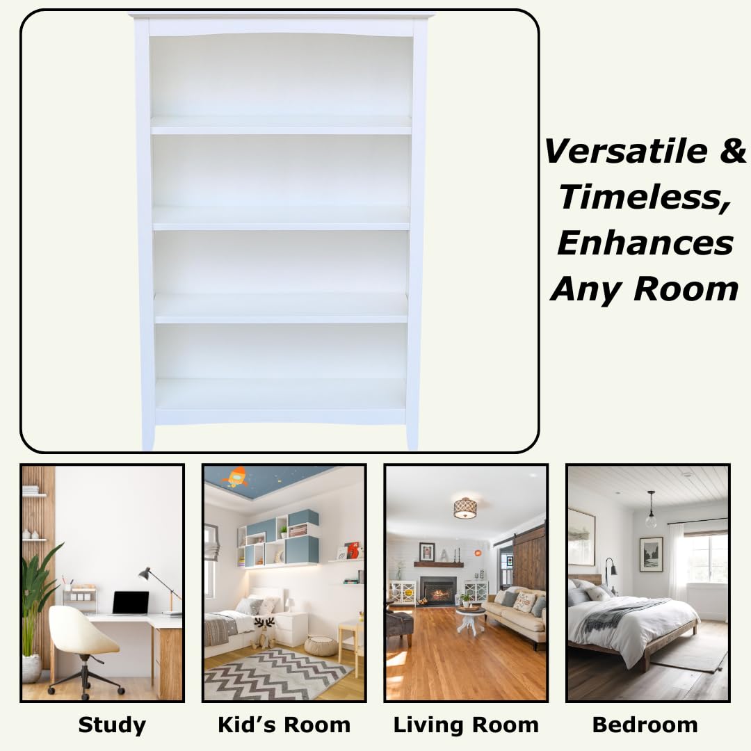 International Concepts 4-Shelf Shaker Bookcase - 48 Inch Height White Wooden Bookcase for Living Room, Office, or Library Storage