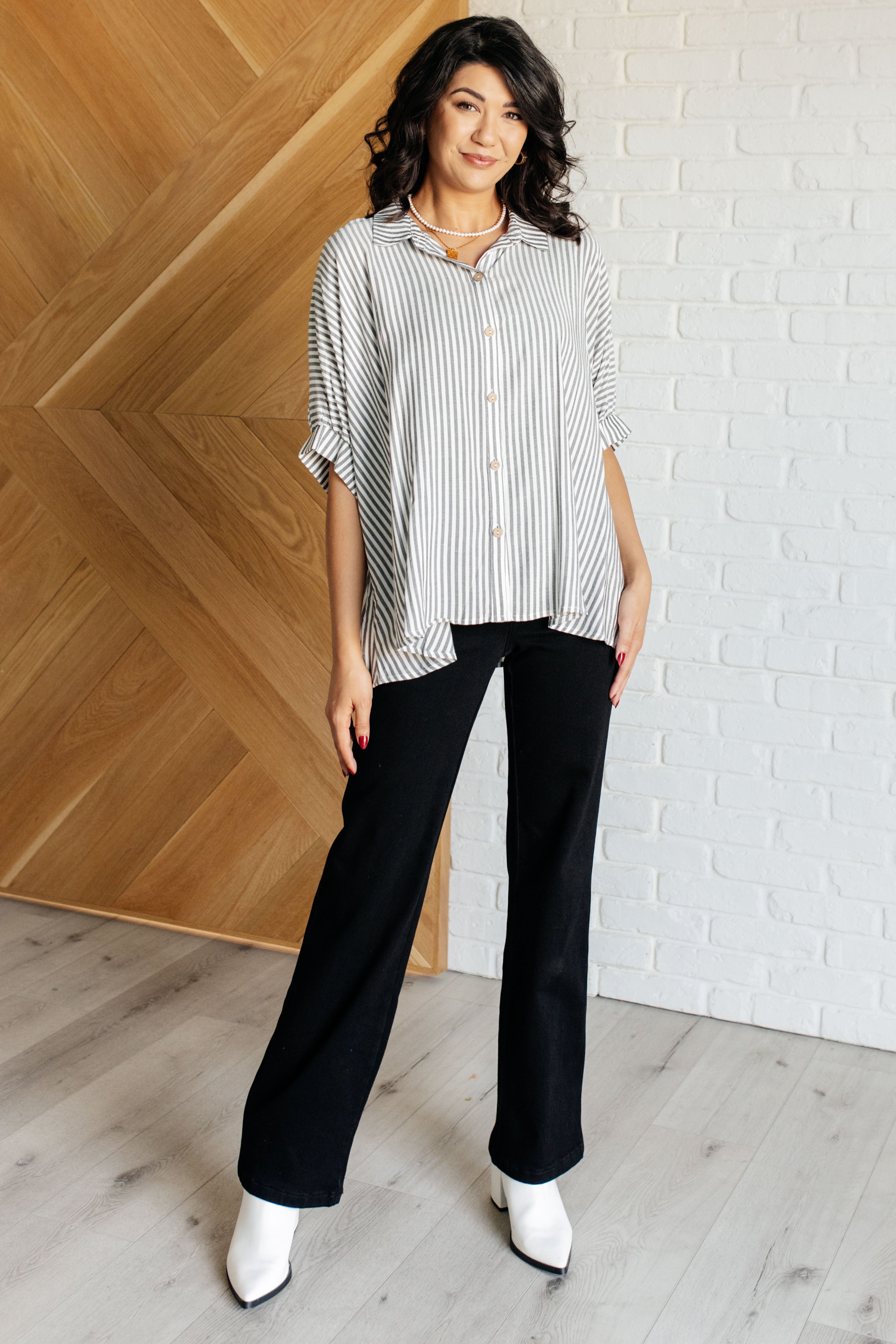 Black Boxy Striped Button-Up Shirt for Women | Casual & Office Wear | Stylish & Comfortable Top for Everyday Outfits