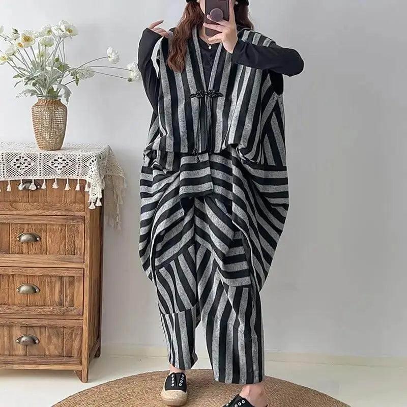 Stylish Women's Striped Wool Vest and Harem Pants Set - Cozy Winter Outfit for Casual Wear, Office, and Date Nights