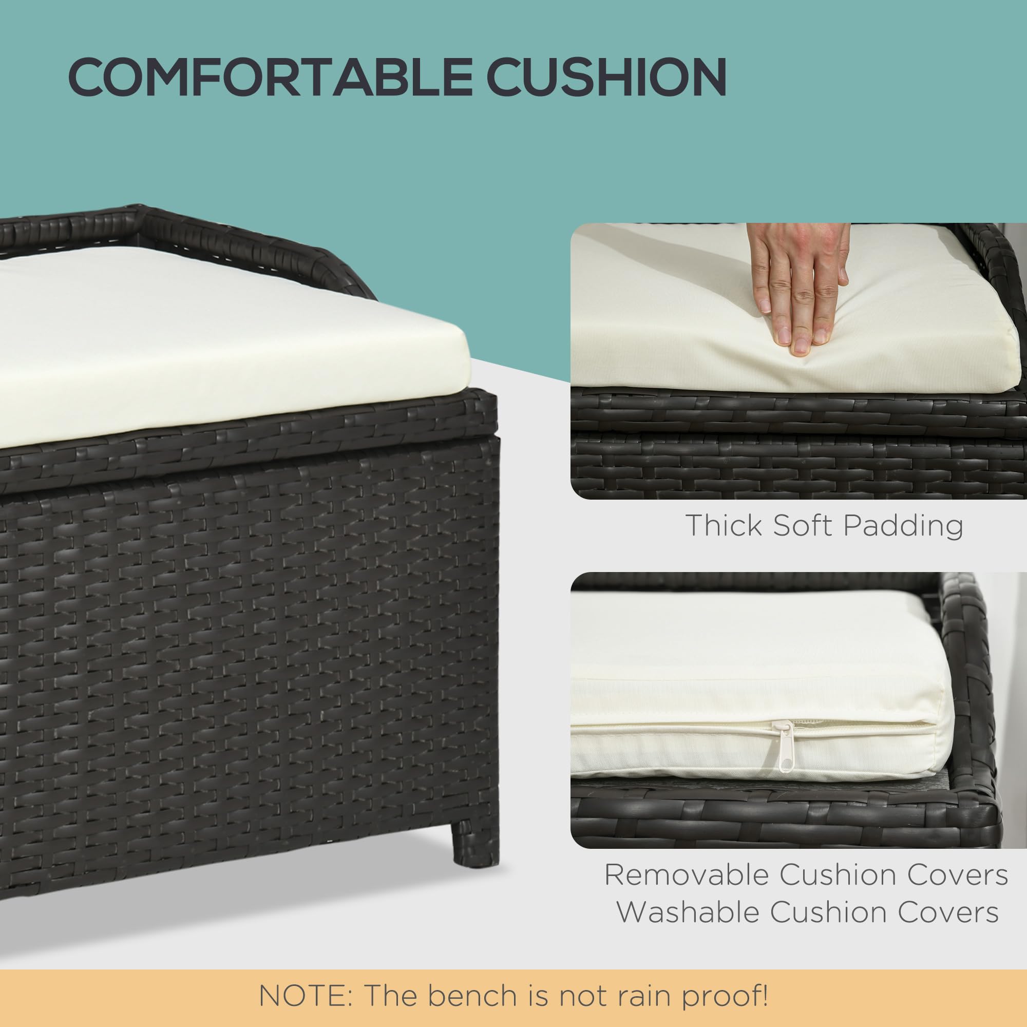 Outsunny 38 Gallon Outdoor Wicker Storage Bench Deck Box - Waterproof PE Rattan Patio Furniture with Cushion & Storage Bag - Perfect for Poolside, Garden, Deck, and Patio Organization