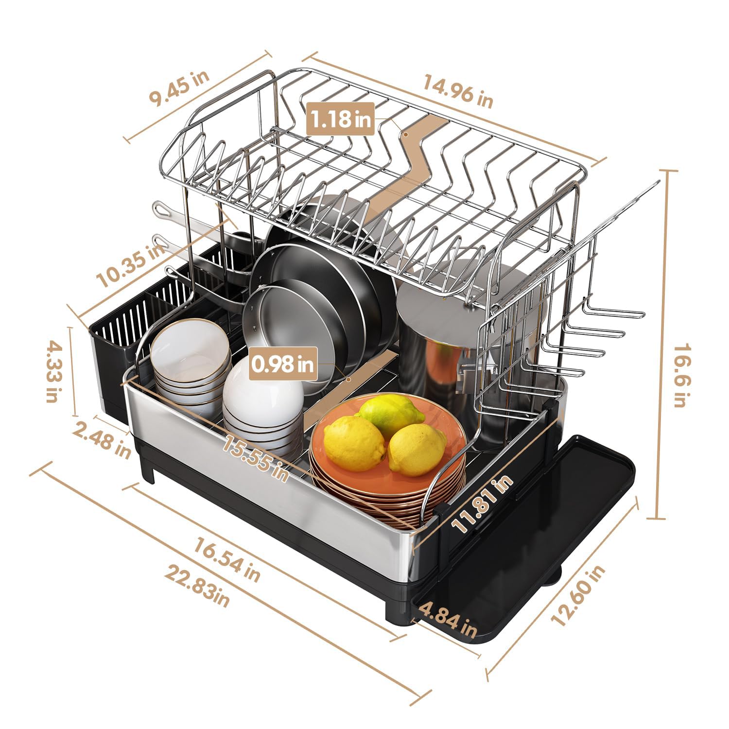 Romision 2-Tier Stainless Steel Dish Rack & Drainboard Set - Adjustable Drainage Spout, Utensil Holder & Cup Rack - Large Kitchen Counter Drying Rack with Water Tray - Perfect for Small Spaces, Apartments & Busy Kitchens