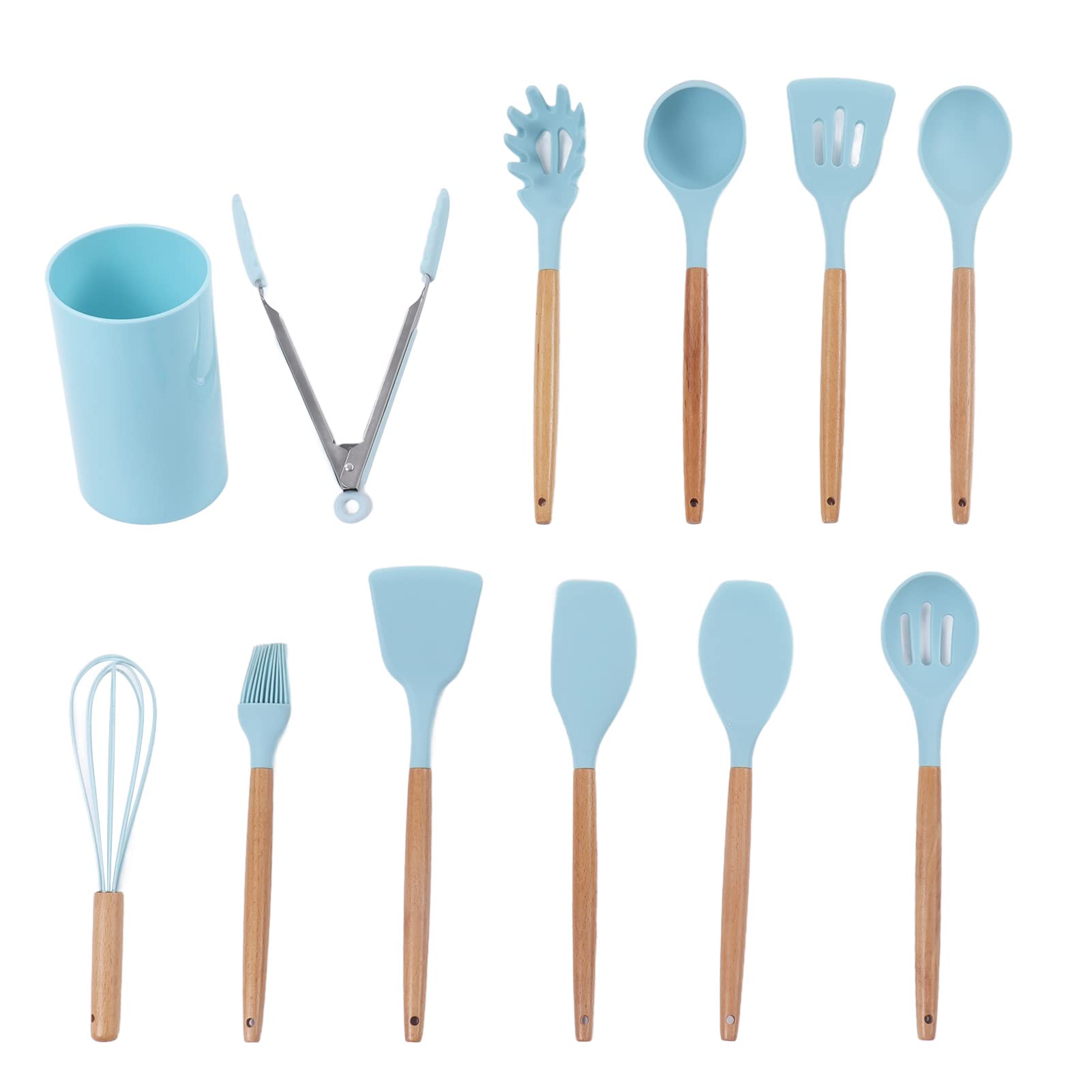 Premium 12-Piece Non-Stick Kitchen Utensil Set with Wooden Handle & Silicone Head - Includes Storage Holder - Perfect for Cooking, Baking & Everyday Kitchen Use