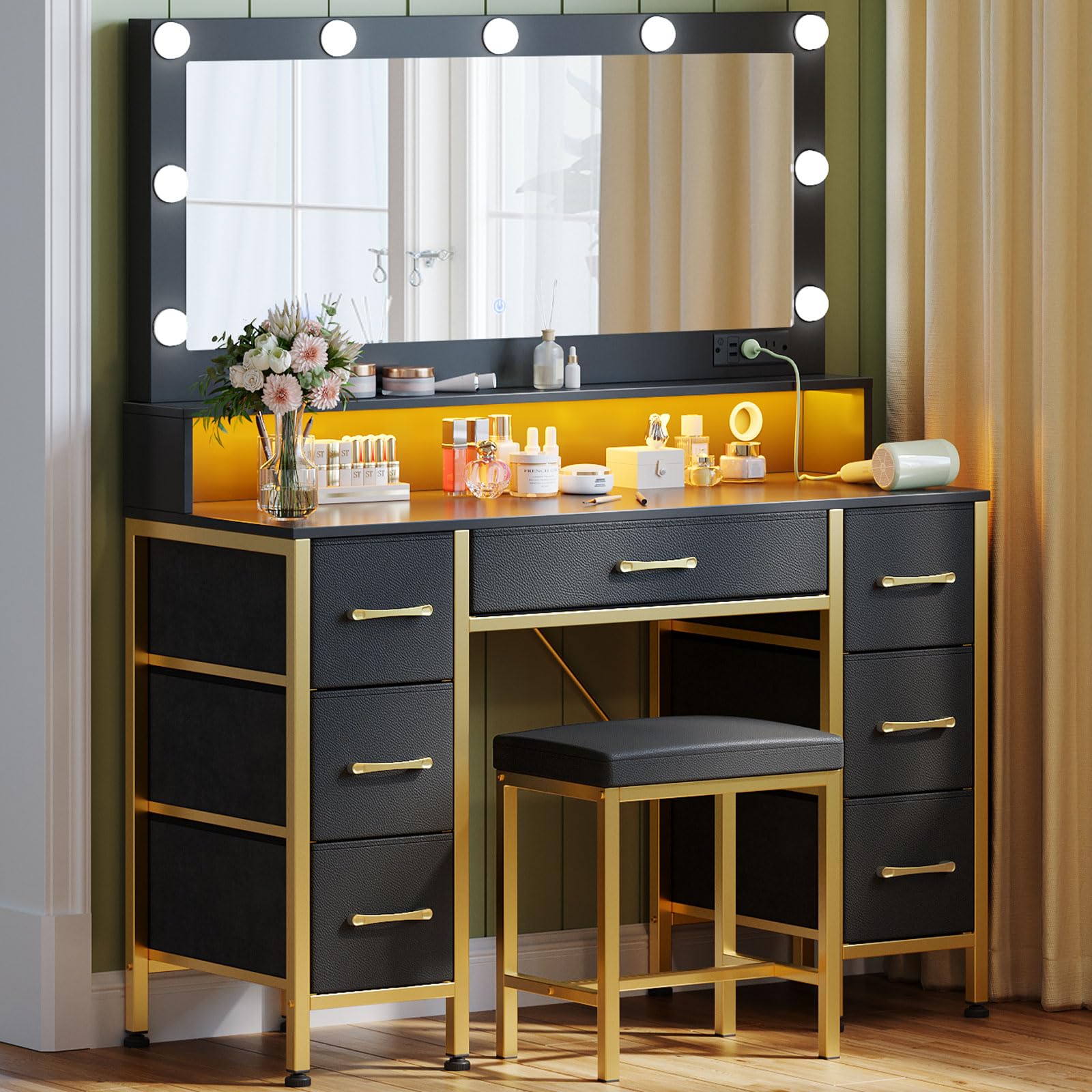 Rolanstar Vanity Desk with Mirror and Lights - Makeup Vanity Set with Upholstered Stool, 7 Fabric Drawers, 9 LED Bulbs & Power Outlets - Black and Gold Dressing Table with RGB Strip Lights for Bedroom, Home Decor & Beauty Routine