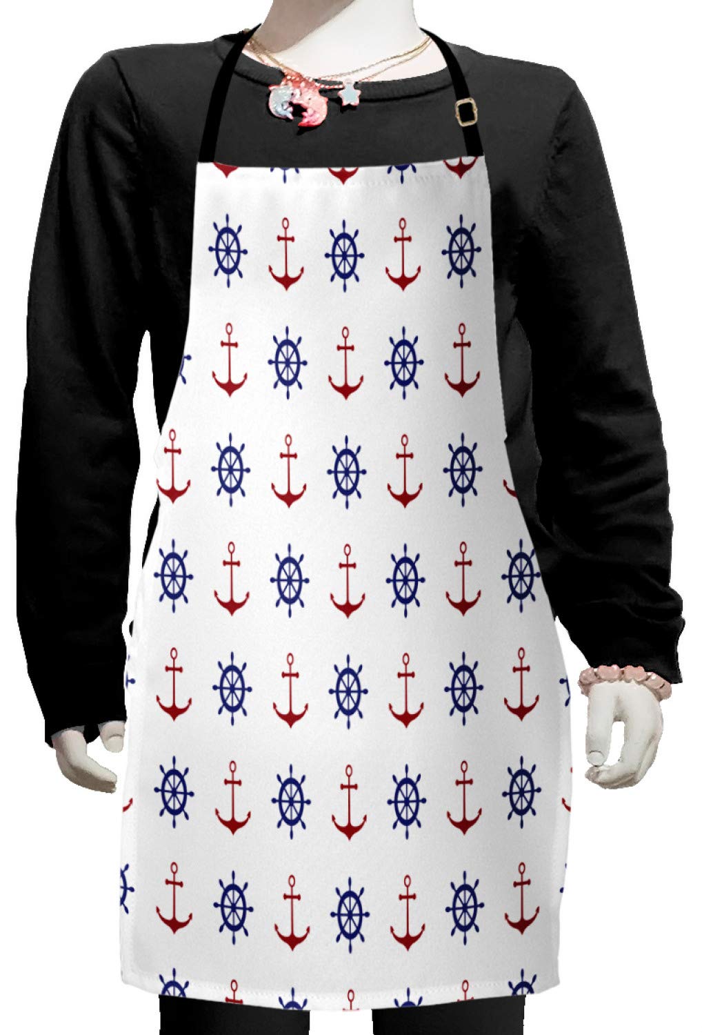 Ambesonne Anchor Apron - Navy Blue & Ruby Maritime Design with Anchors & Ship Wheels - Adjustable Ties for Baking, Painting & Cooking - Perfect for Home Chefs, Artists & Nautical Enthusiasts