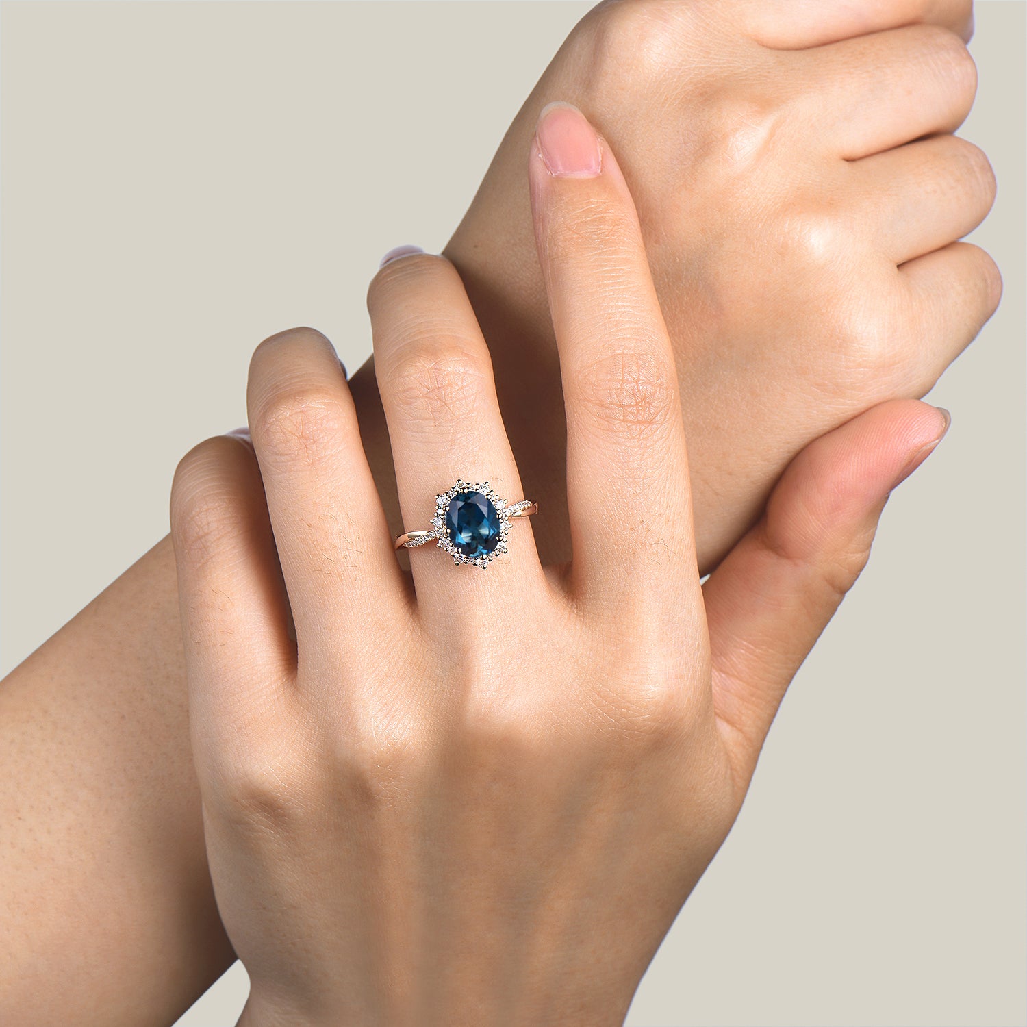 Oval Cut Natural London Blue Topaz Wedding Ring with Diamond Halo & Twisted Band – Perfect for Engagement, Anniversary, and Bridal Jewelry Gifts