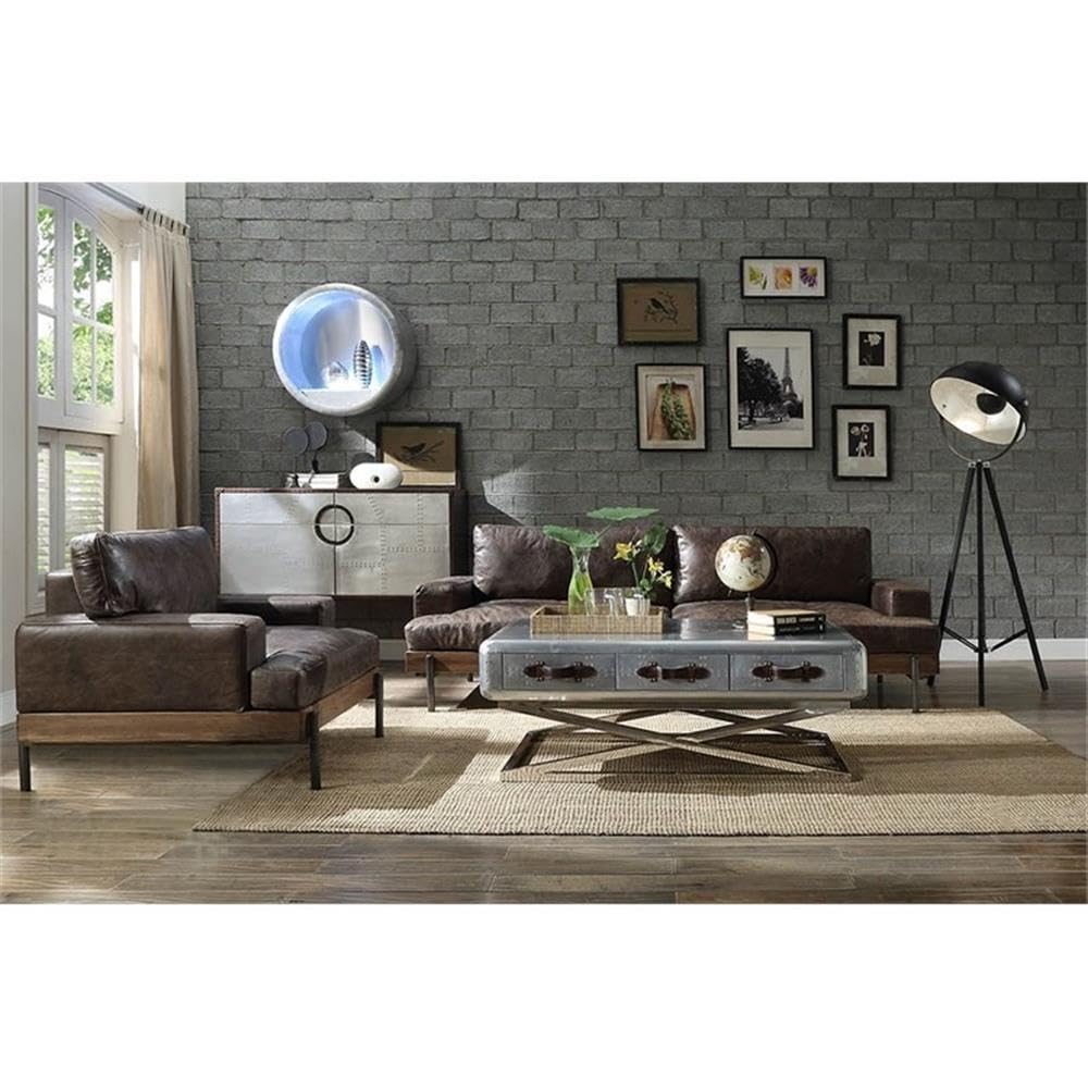 Acme Silchester Genuine Leather Accent Chair - Distressed Chocolate Brown with Oak Wood Frame | Perfect for Living Room, Office or Reading Nook