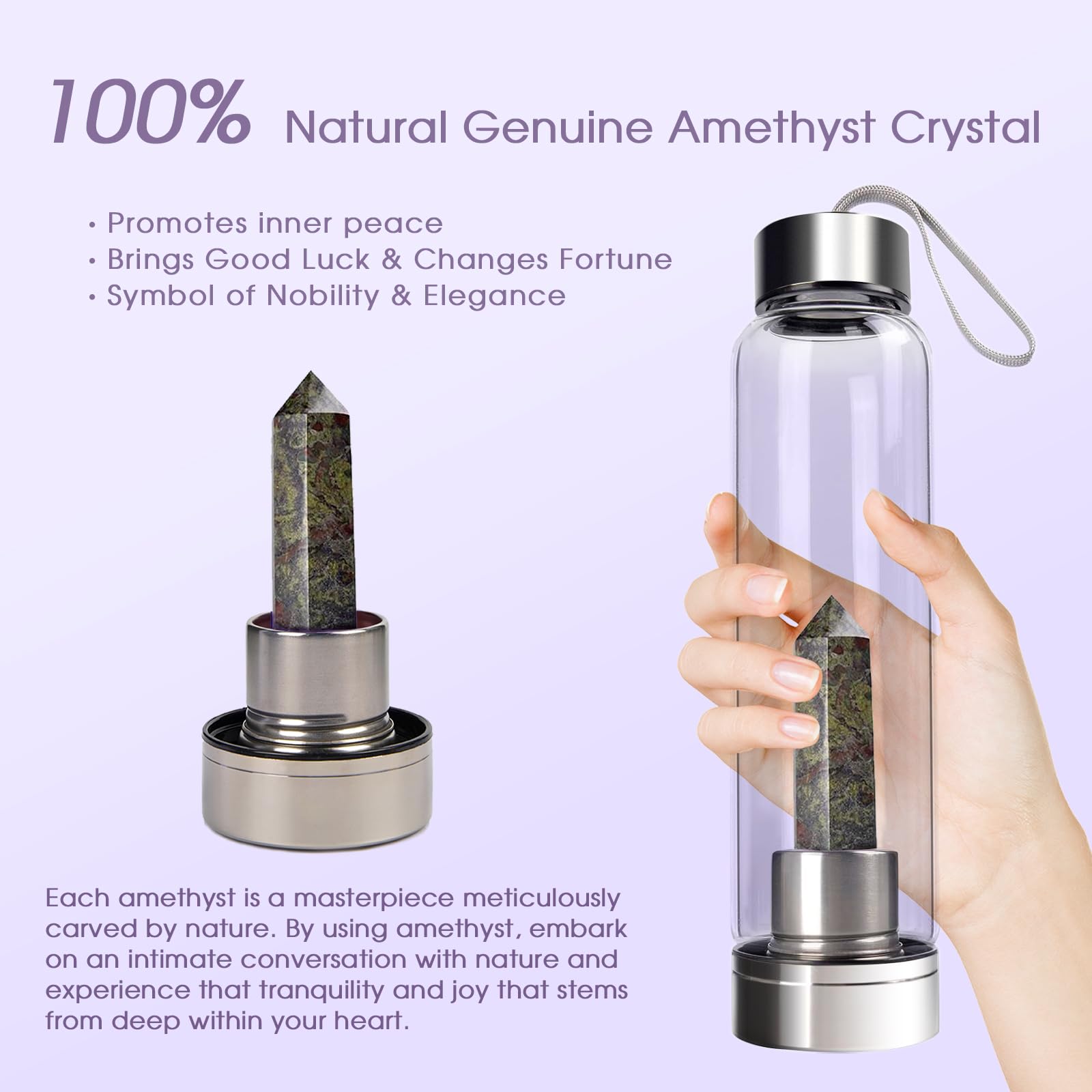 ChezMax Crystal Glass Water Bottle with Removable Natural Crystal Center - BPA Free Reusable Water Bottle with Quartz Gemstone for Home, Office, Yoga & Meditation Hydration