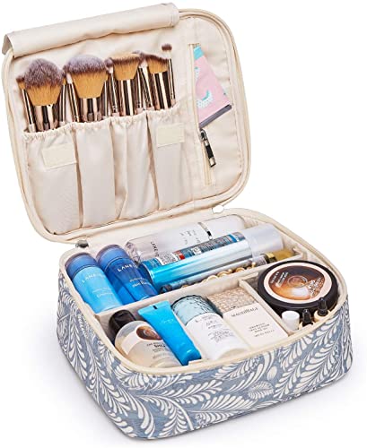 Large Travel Makeup Bag for Women - Waterproof Cosmetic Organizer Case with Multiple Pockets (Blue Leaf Design) - Perfect for Air Travel, Gym, and Daily Beauty Storage