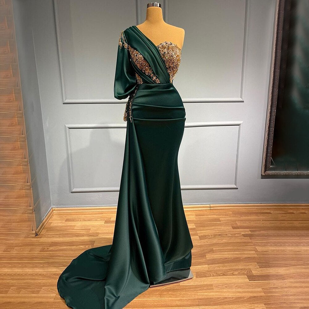 Elegant Green Mermaid One Shoulder Satin Evening Dress with Beaded Details - Luxury Women's Party Gown for Prom, Cocktail & Formal Events