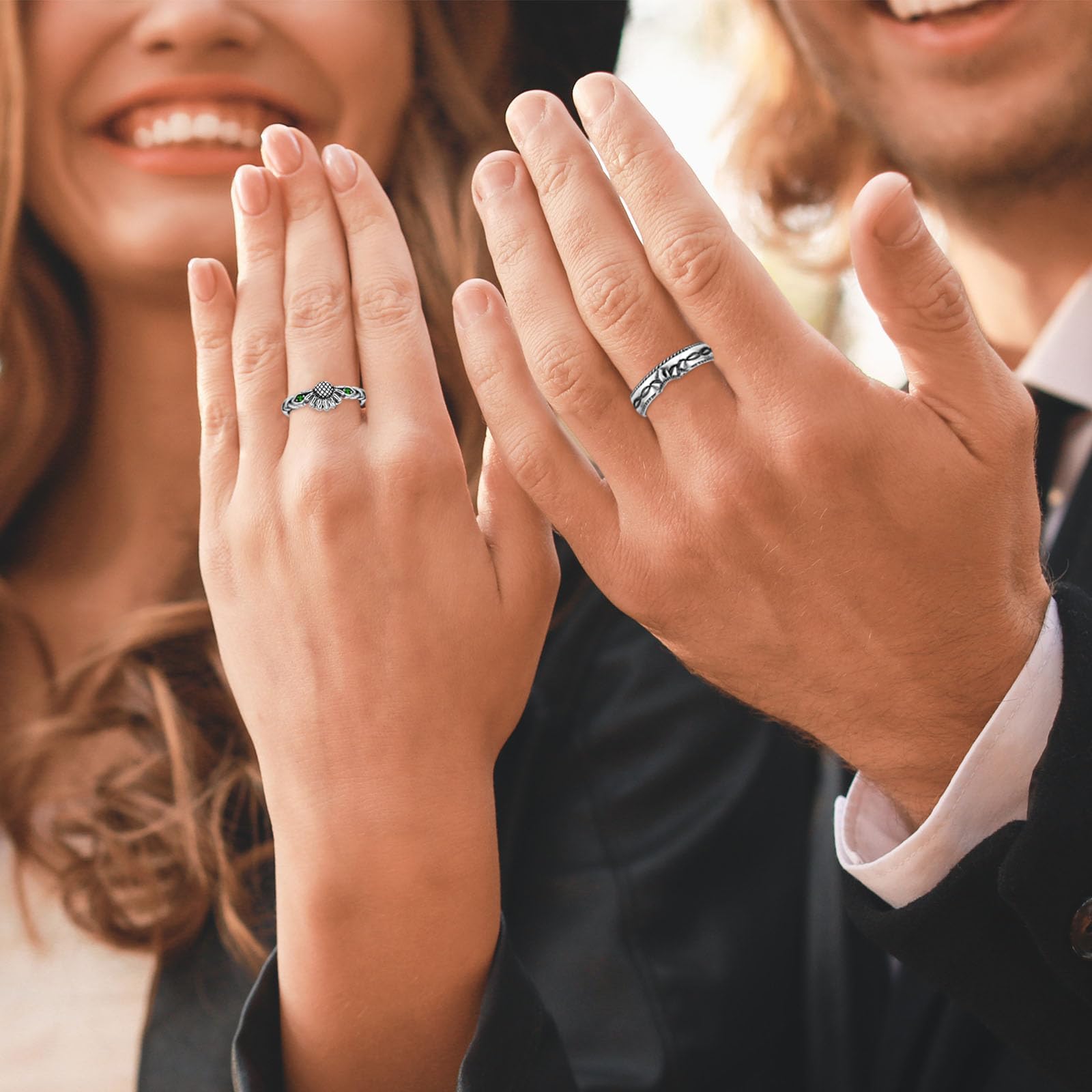 Promise Rings for Couples - Sterling Silver Adjustable Matching Wedding Bands for Him & Her - Emerald Sunflower Engagement Rings - Perfect for Anniversaries, Proposals & Romantic Gifts