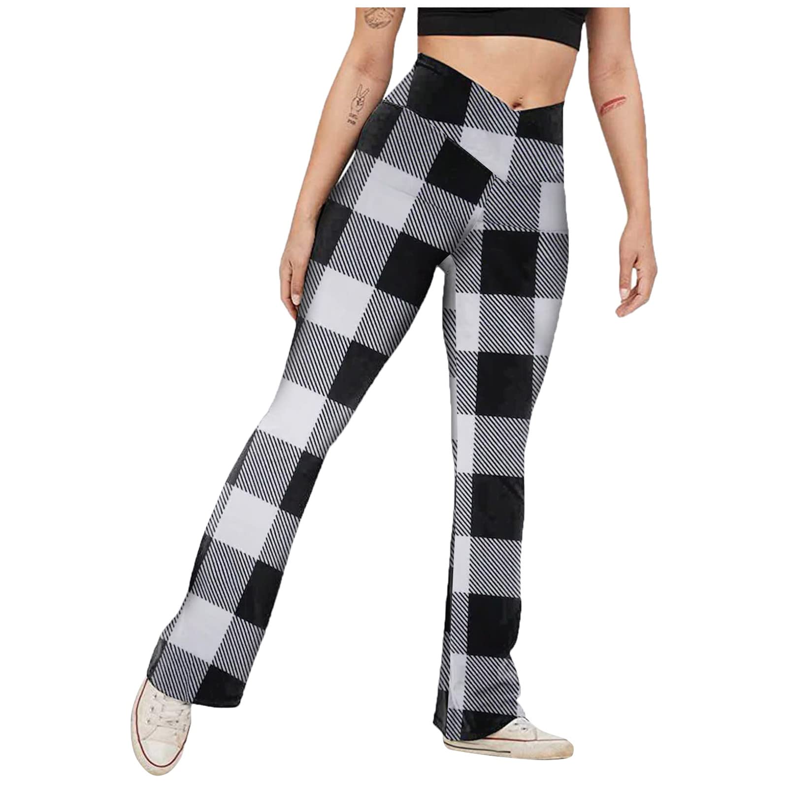 Tummy Control Yoga Pants for Women - High Waist Bootcut Workout Leggings with Plaid Print | No-See Through, Elastic Flare Pants for Yoga, Gym & Casual Wear