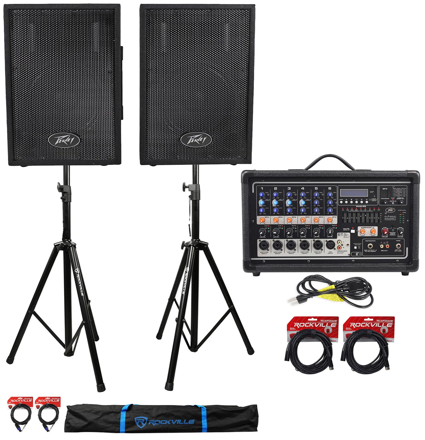 Peavey PVI6500 400W 6-Channel Powered Live Sound Mixer with PVI10 Speakers, Stands & Cables - Perfect for Live Performances, DJ Gigs & Studio Recording