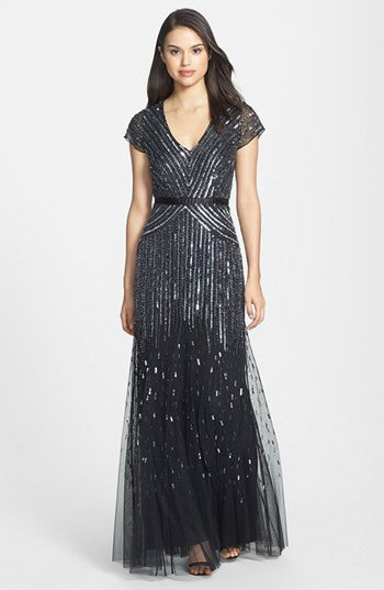 Adrianna Papell Beaded V-Neck Gown in Gunmetal - Elegant Evening Dress for Prom, Wedding & Formal Events