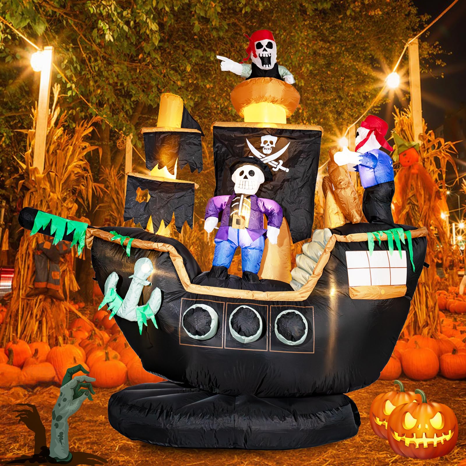 7FT Halloween Inflatable Pirate Ship with LED Ghost Lights - Outdoor Halloween Decorations for Yard, Garden, Party - Spooky Pirate Theme for Halloween Party Decor & Lawn Display
