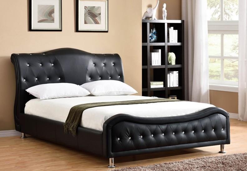 Elegant Black Leatherette Bed Frame with Sparkling Rhinestone Accents - Perfect for Luxury Bedroom Decor & Glamorous Home Styling
