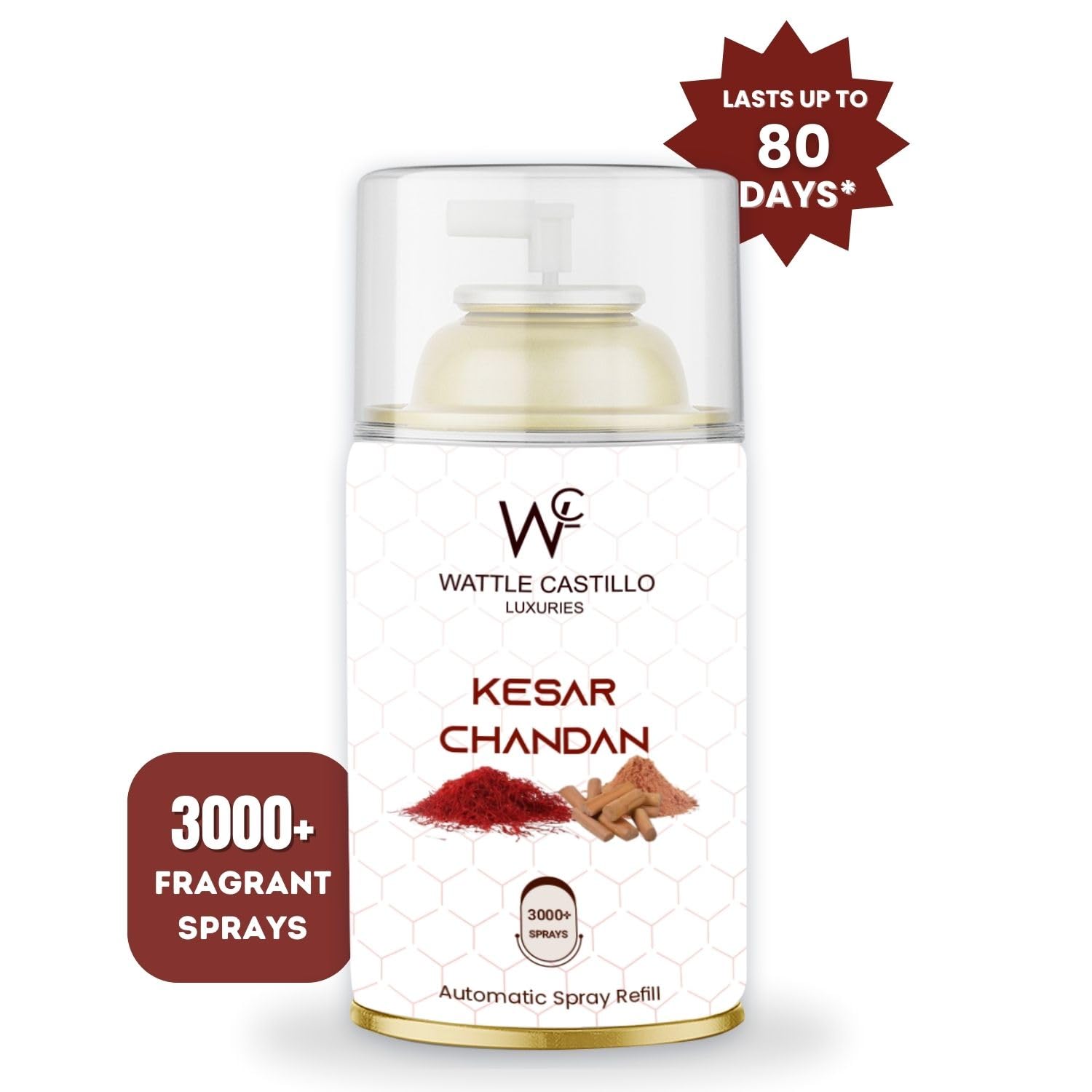 Wattle Castillo Automatic Air Freshener Refill - Relax Kesar Chandan Scent | 3000+ Sprays, Lasts 90 Days (265ml) | Perfect for Home, Office, Bathroom & Car Freshening