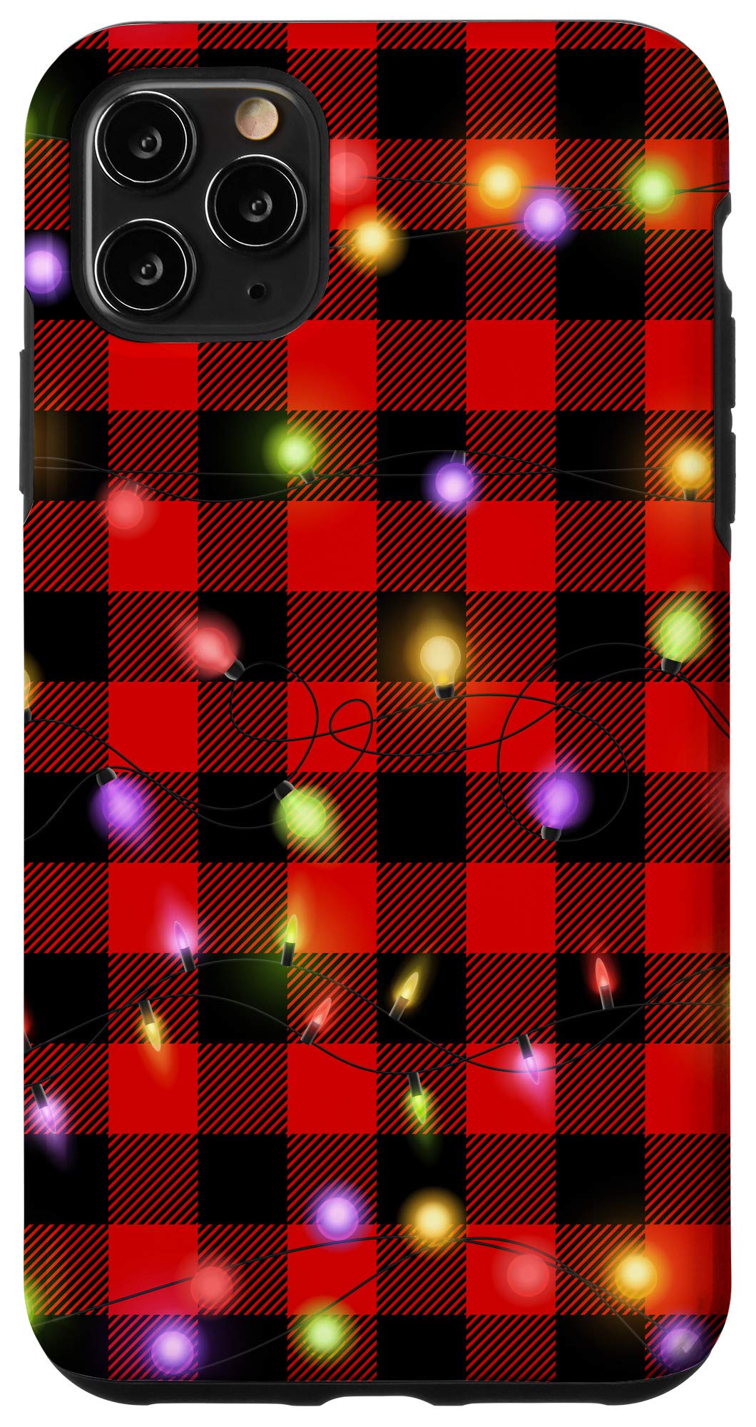 iPhone 11 Pro Max Case - Christmas Plaid Design with Xmas Lights, Red & Black Buffalo Pattern - Perfect for Holiday Gifts & Winter Festive Season