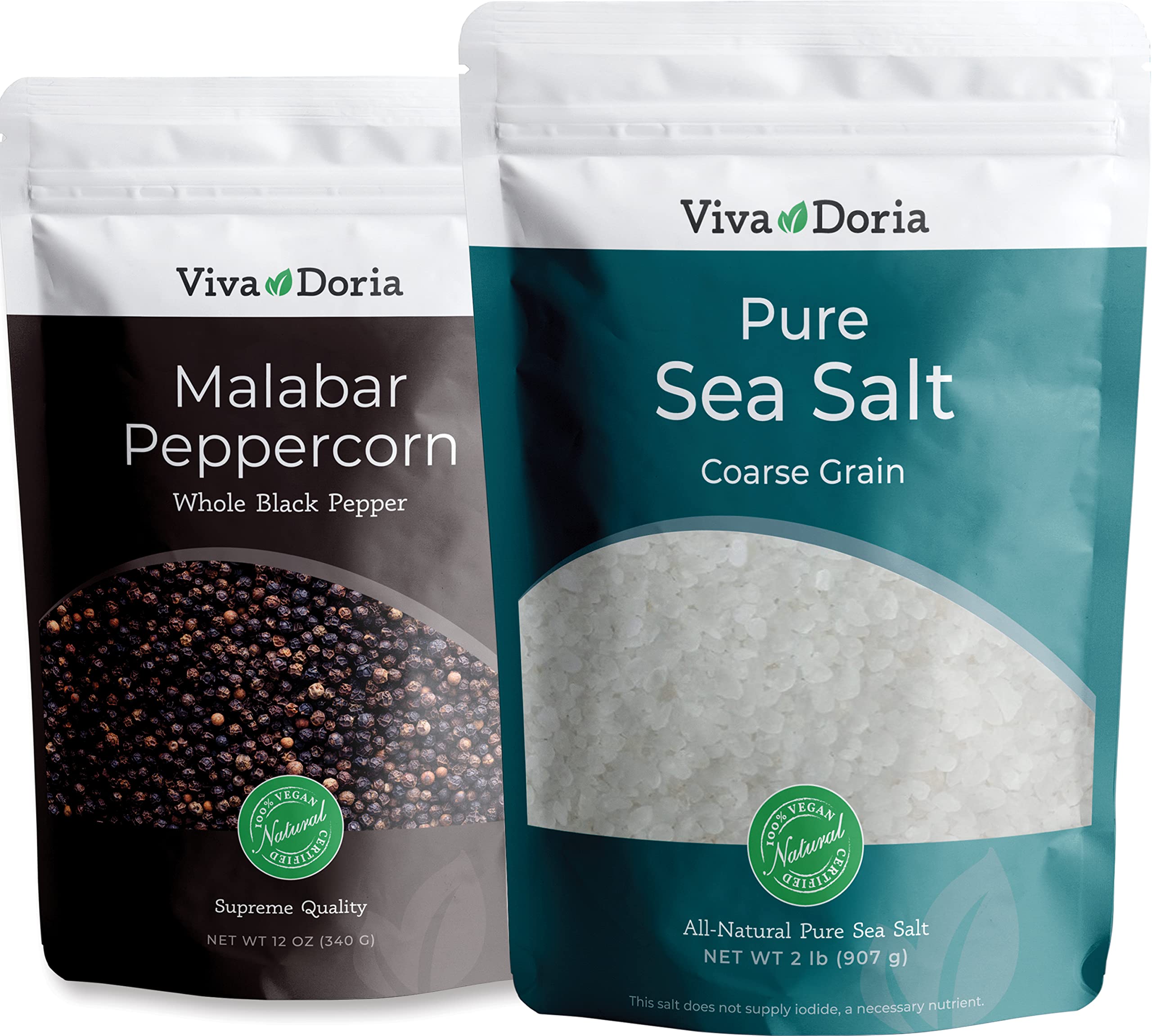 Premium Viva Doria Malabar Whole Black Peppercorns & Pure Coarse Sea Salt Combo - 12oz Pepper + 2lb Salt for Grinder Refills - Perfect for Cooking, Seasoning & Gourmet Dishes