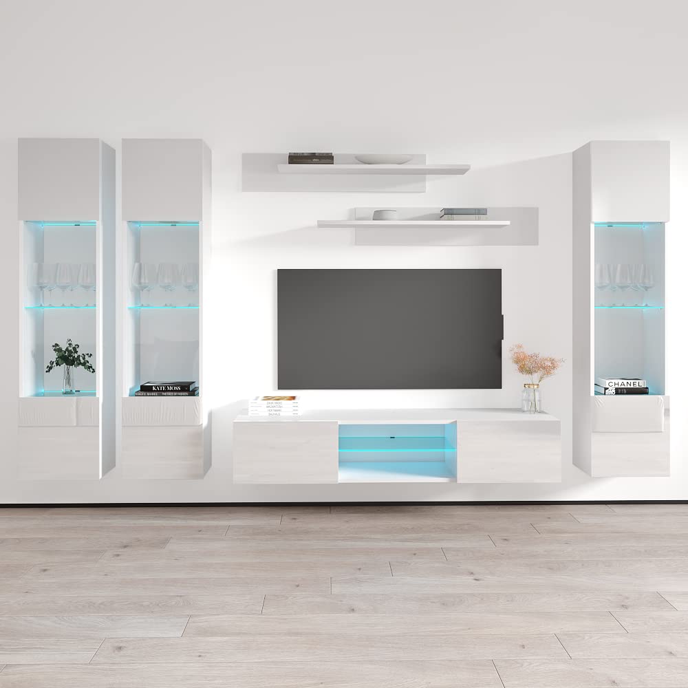 Fly CD3 33-Inch Wall-Mounted TV Stand - Modern Floating Entertainment Center with Storage Shelves & LED Lights for Bedroom & Living Room - White | Space-Saving Media Console for Small Apartments & Home Theaters
