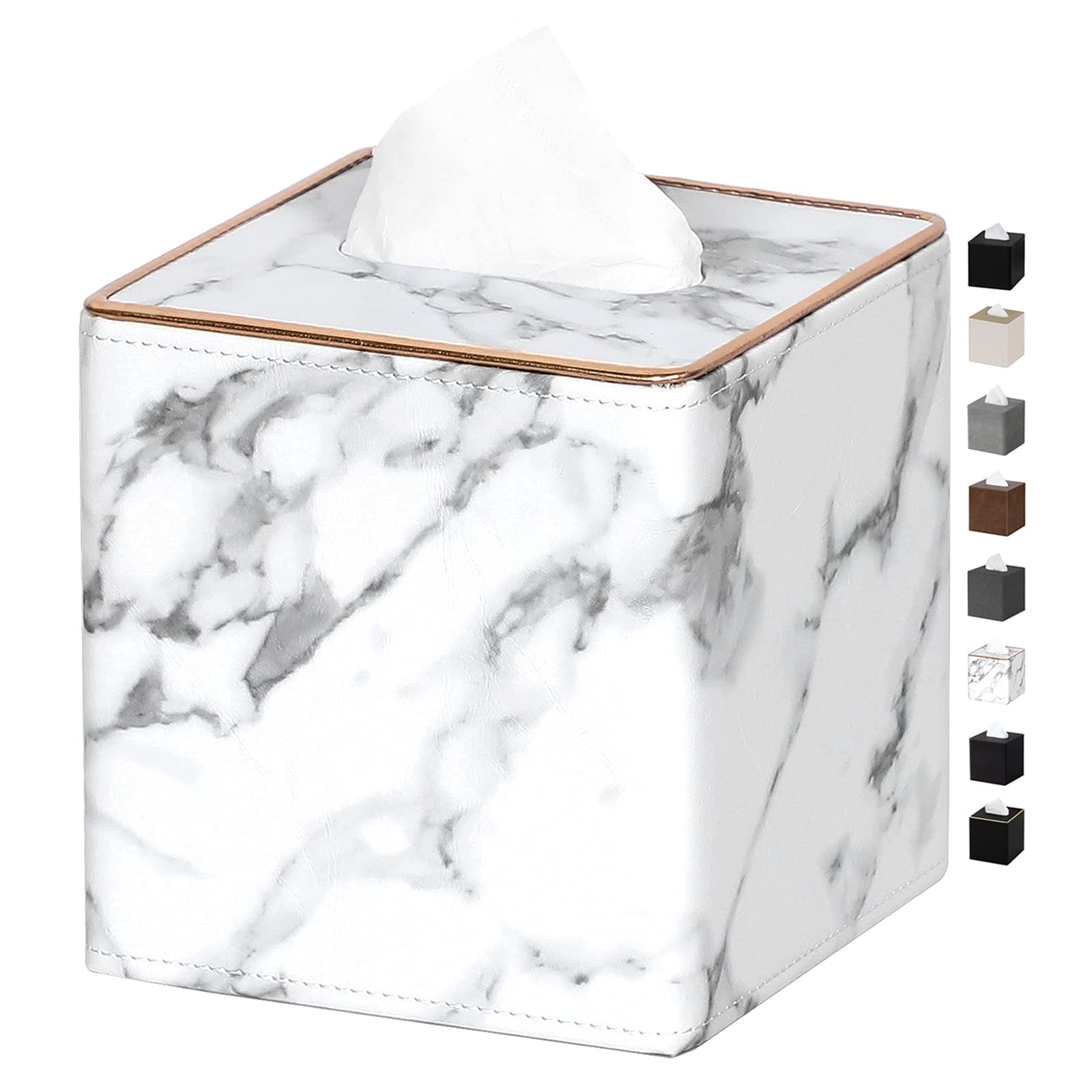GOLRANLYE Square PU Leather Tissue Box Cover - White Marble Pattern Facial Tissue Holder for Dresser, Bathroom, Living Room & Office Decor - Perfect for Home, Hotel and Restaurant Use