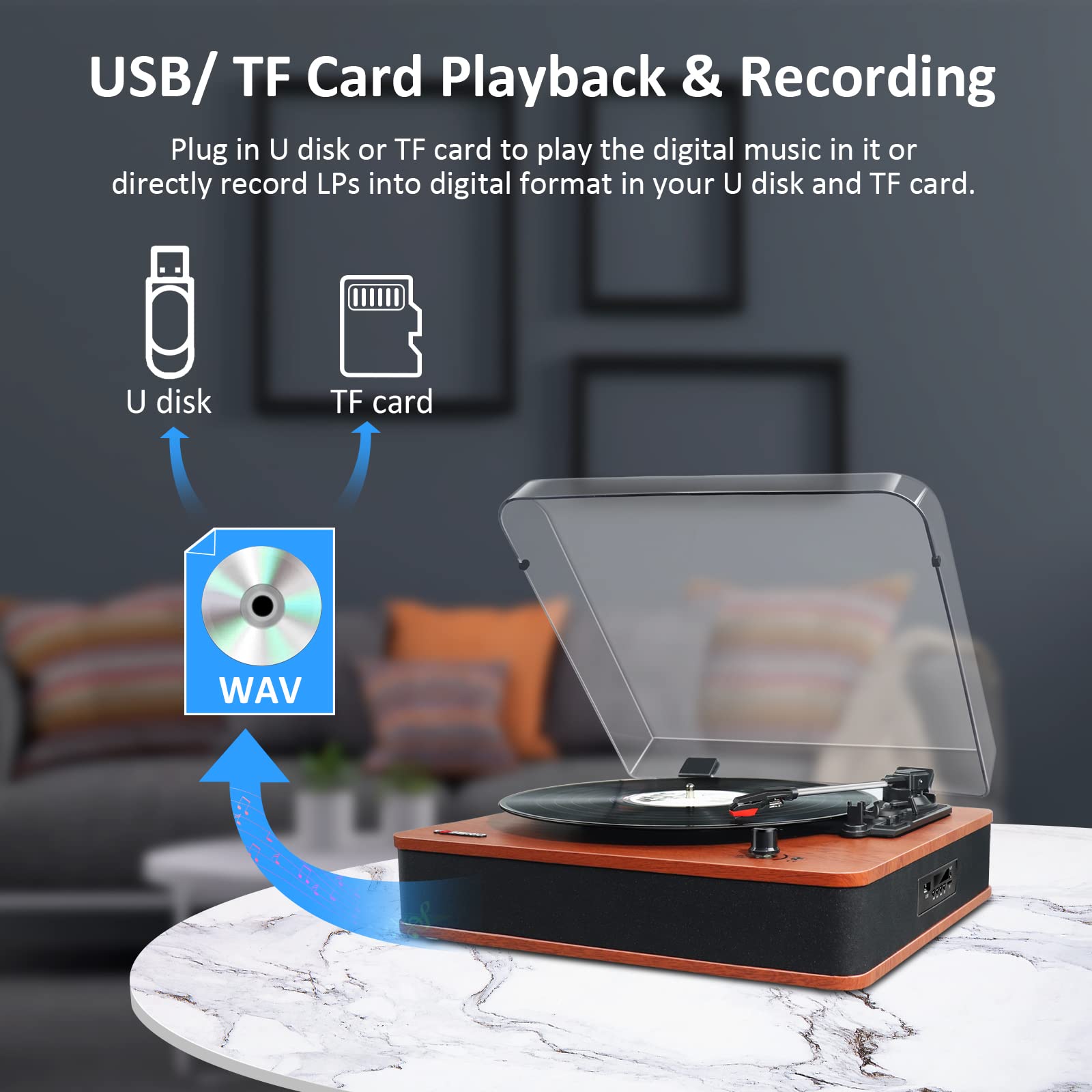 VOSTERIO Bluetooth Record Player - Wireless Turntable with Built-in Speakers, USB/TF Card Playback & Recording, FM Radio, LED Display - Perfect for Home Entertainment, Vinyl Collection & Retro Music Lovers