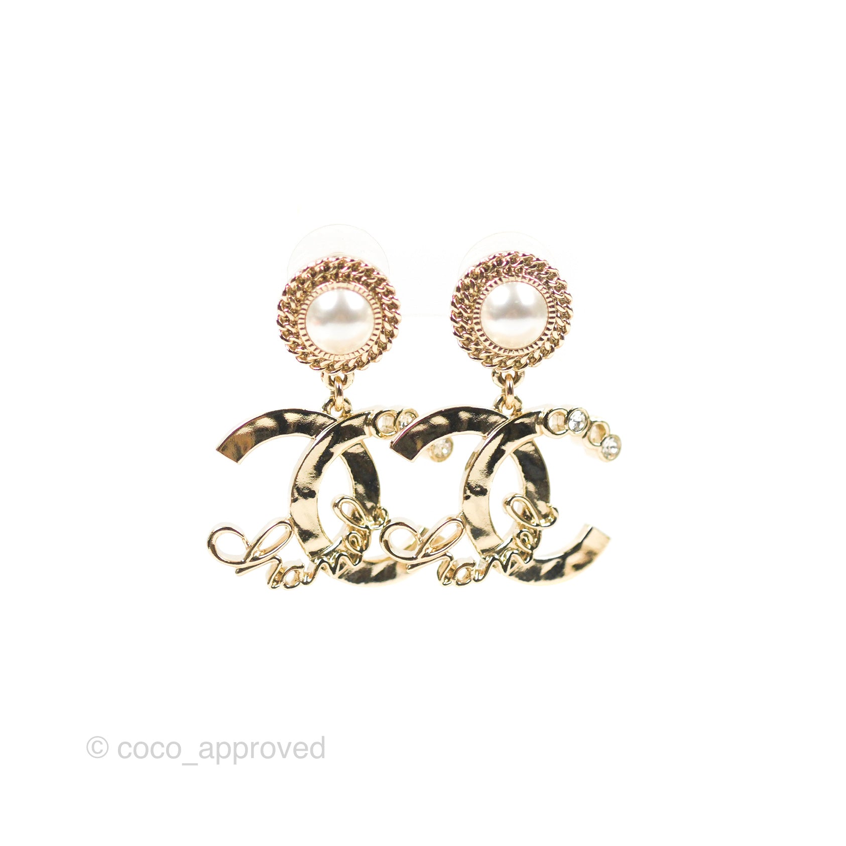 Chanel CC Coco Pearl Drop Earrings in Gold Tone - Luxury Fashion Jewelry for Women, Perfect for Parties, Weddings & Special Occasions