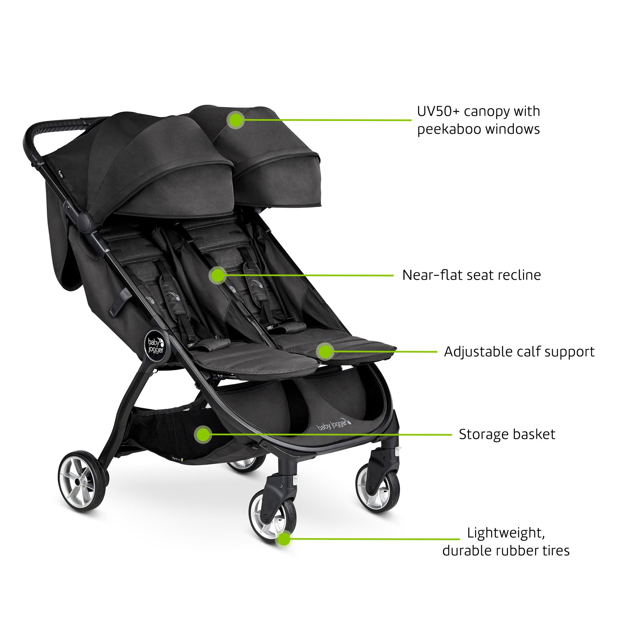 Baby Jogger City Tour 2 Double Stroller - Lightweight Compact Side-by-Side Stroller for Twins | Perfect for Urban Walking, Shopping & Travel with Two Kids