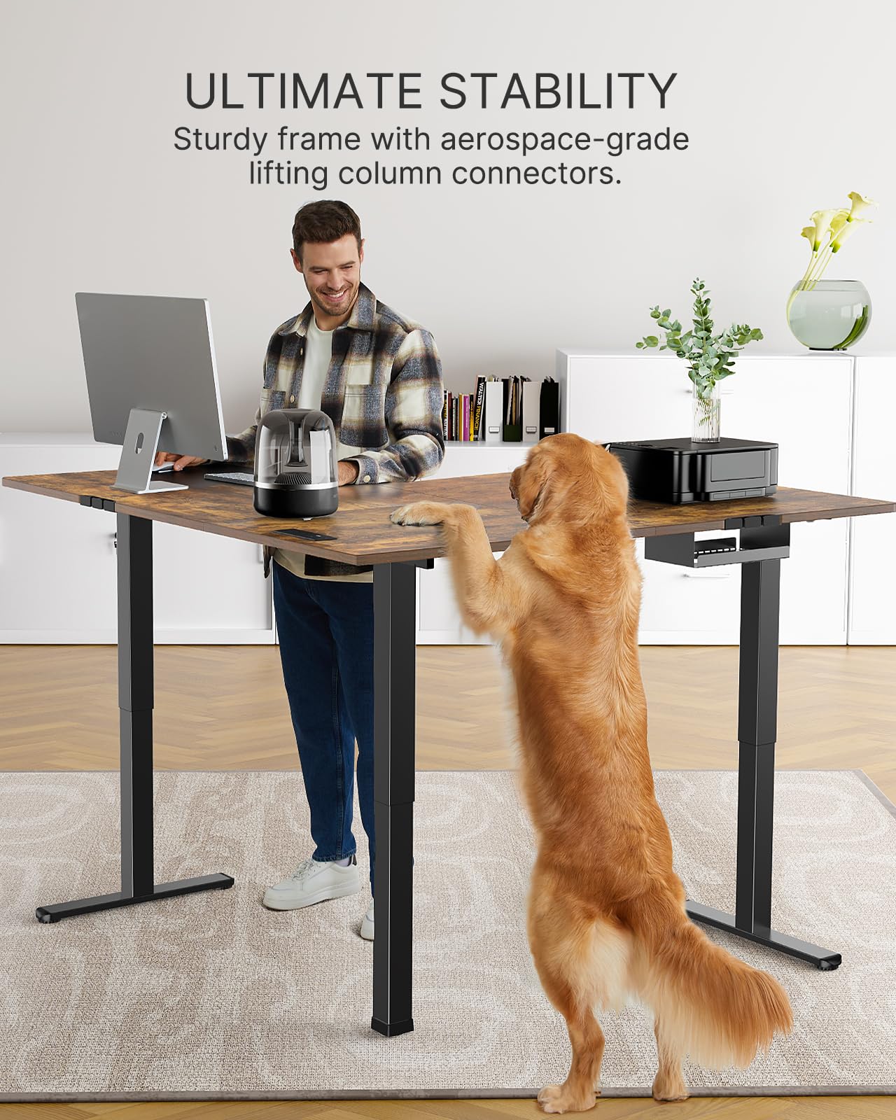 Marsail Adjustable Height Electric Standing Desk - L-Shaped Home Office Desk with 4-in-1 Power Outlet & Headphone Hook | Sturdy Writing Workstation for Home Office, Gaming & Remote Work (Rustic Finish)
